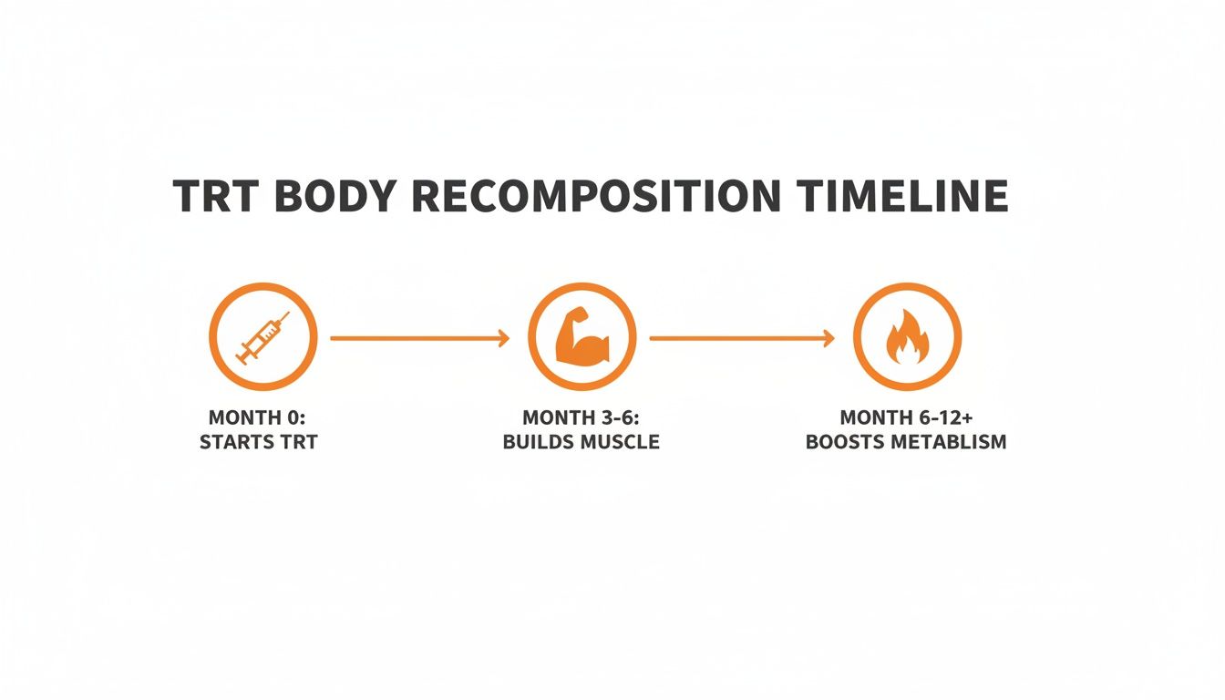 A TRT body recomposition timeline illustrating the stages of starting TRT, building muscle, and boosting metabolism.