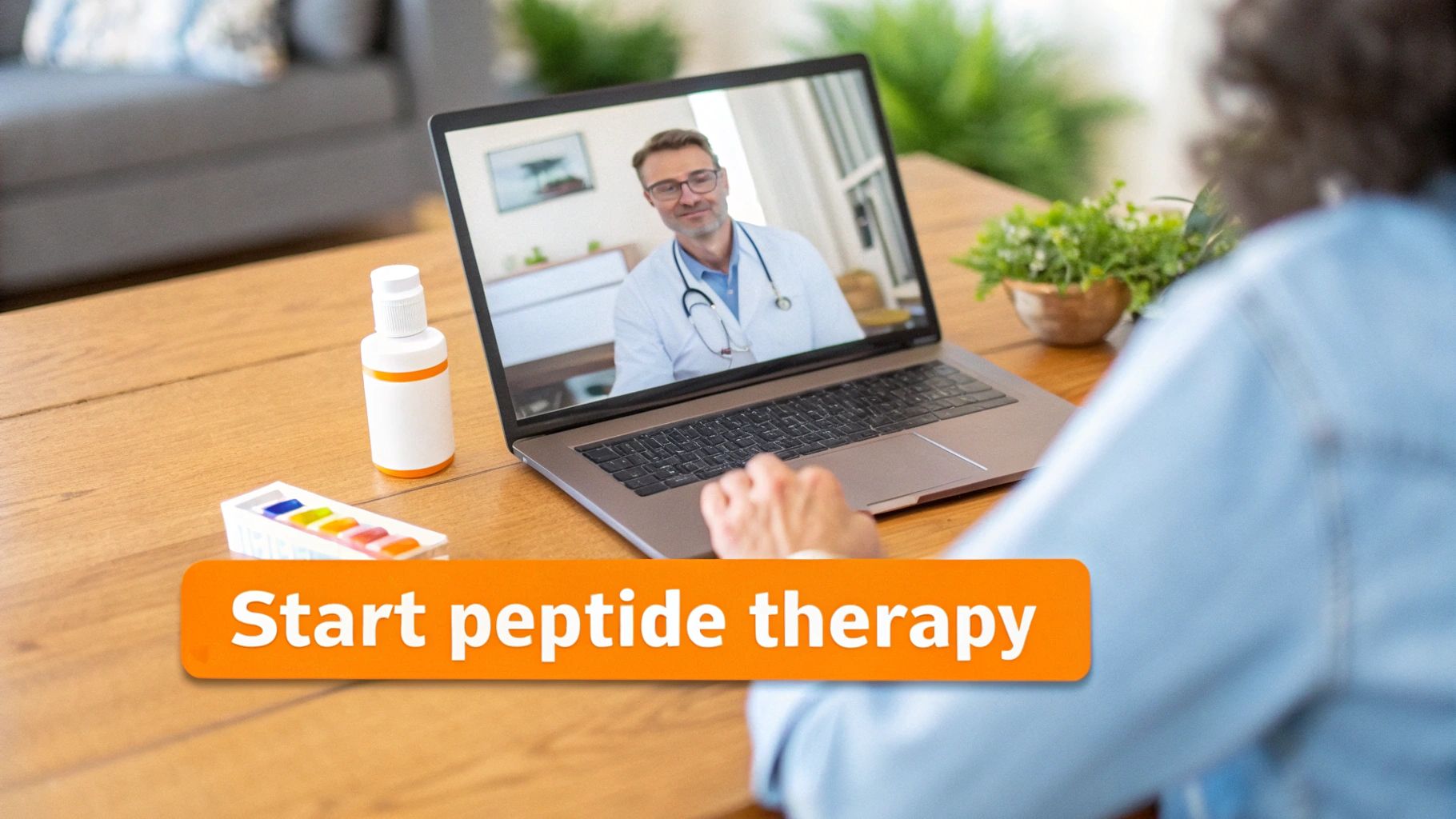A person video calls a doctor on a laptop about starting peptide therapy, with medication on the table.