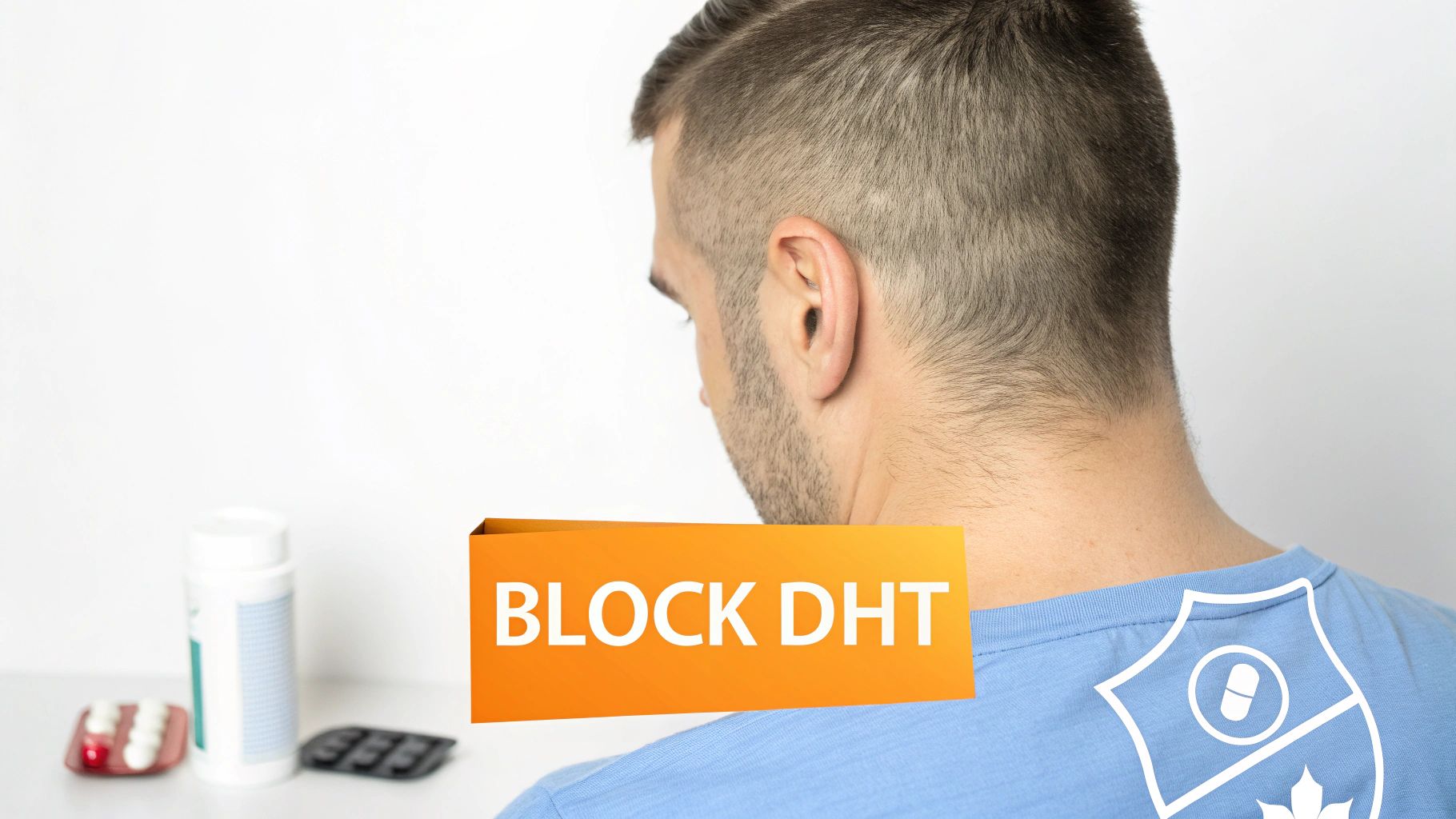 Back view of a man with an orange banner reading 'BLOCK DHT' and medications.