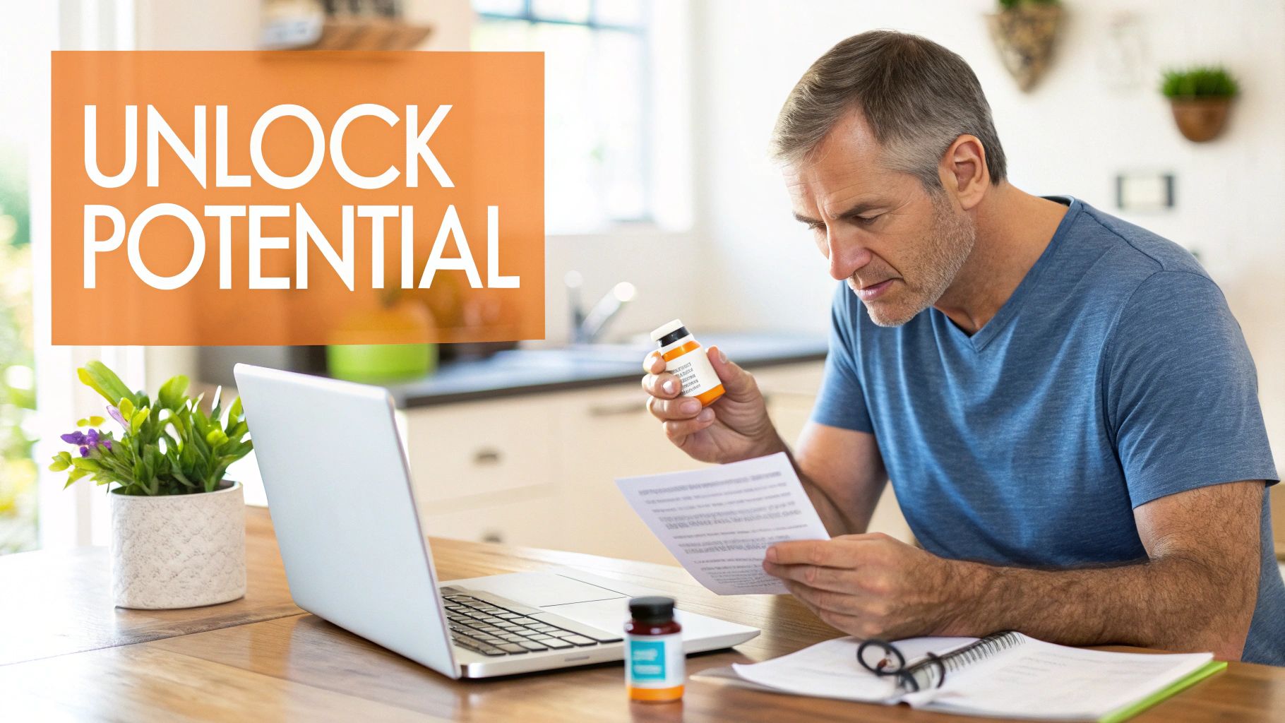 Man examining a pill bottle and document by a laptop with an 'Unlock Potential' text overlay.