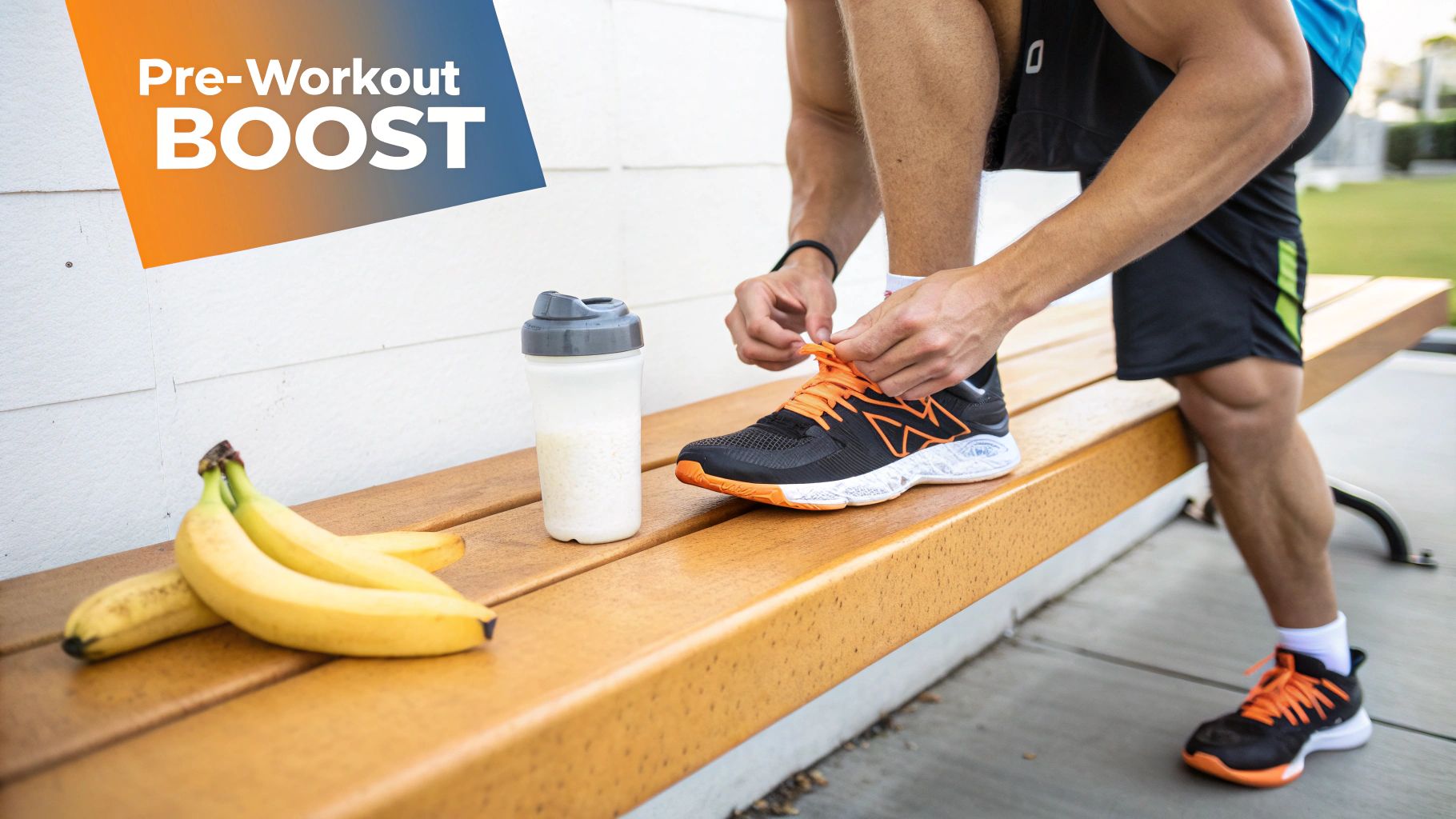 Athlete tying shoelaces on a bench with a pre-workout shake and bananas for an energy boost.