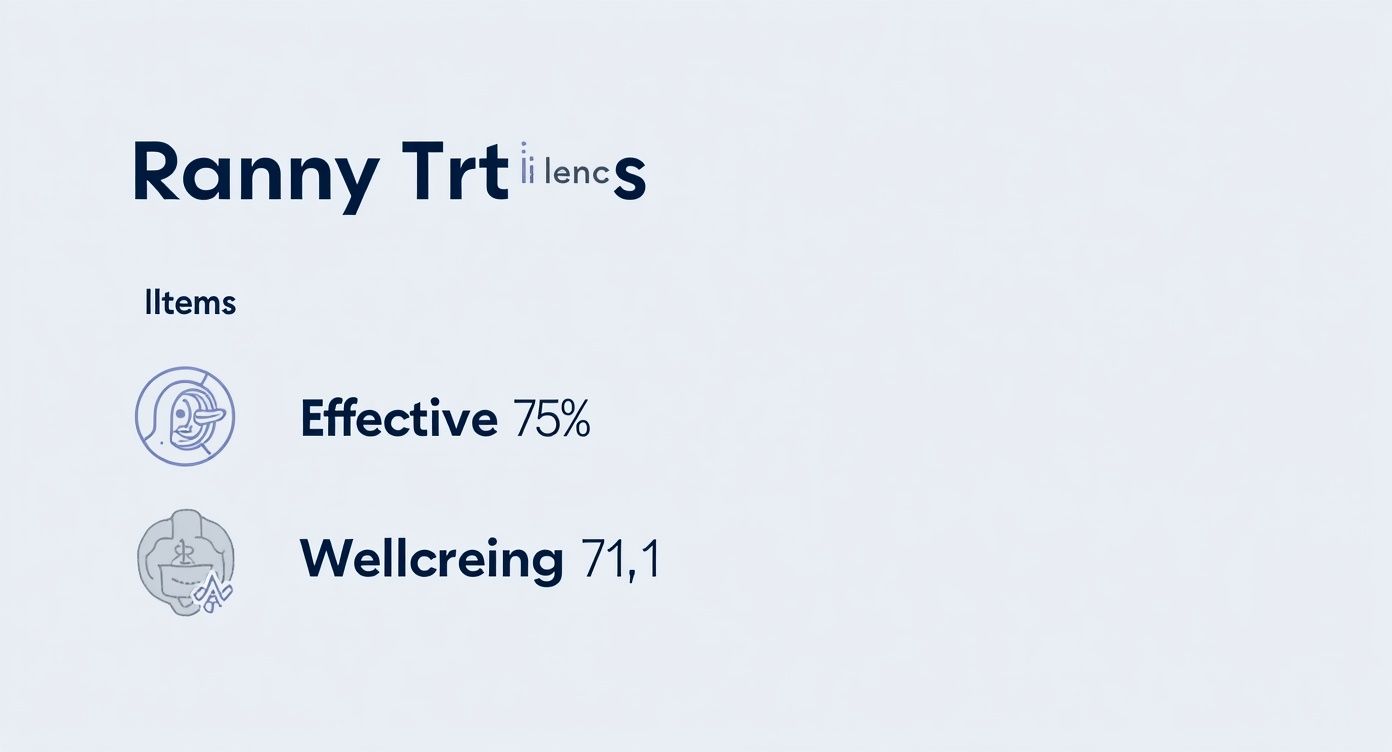 Ranny TRT Resilience infographic showing effectiveness at 75 percent and wellbeing score of 71.1
