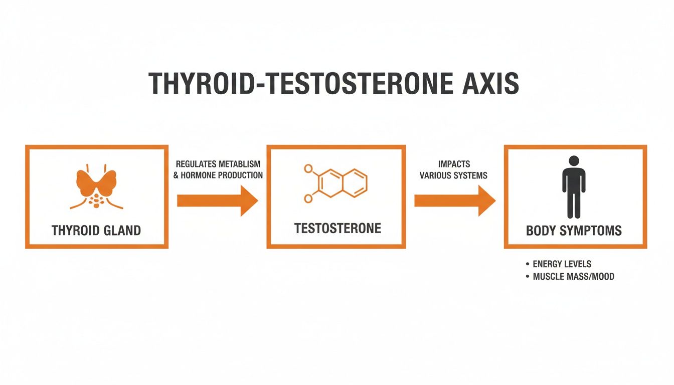 Diagram illustrating the thyroid-testosterone axis, showing how the thyroid gland regulates testosterone and influences body symptoms.