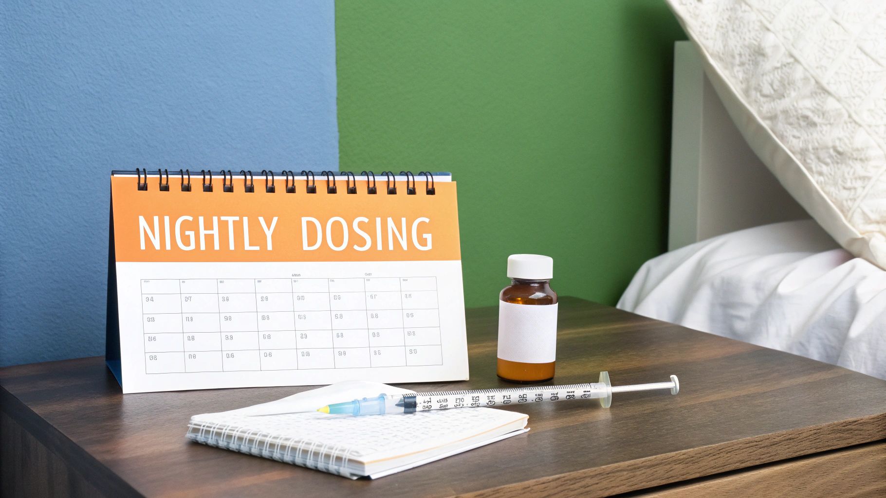Nightly dosing calendar with medication bottle and syringes on bedside table for peptide therapy