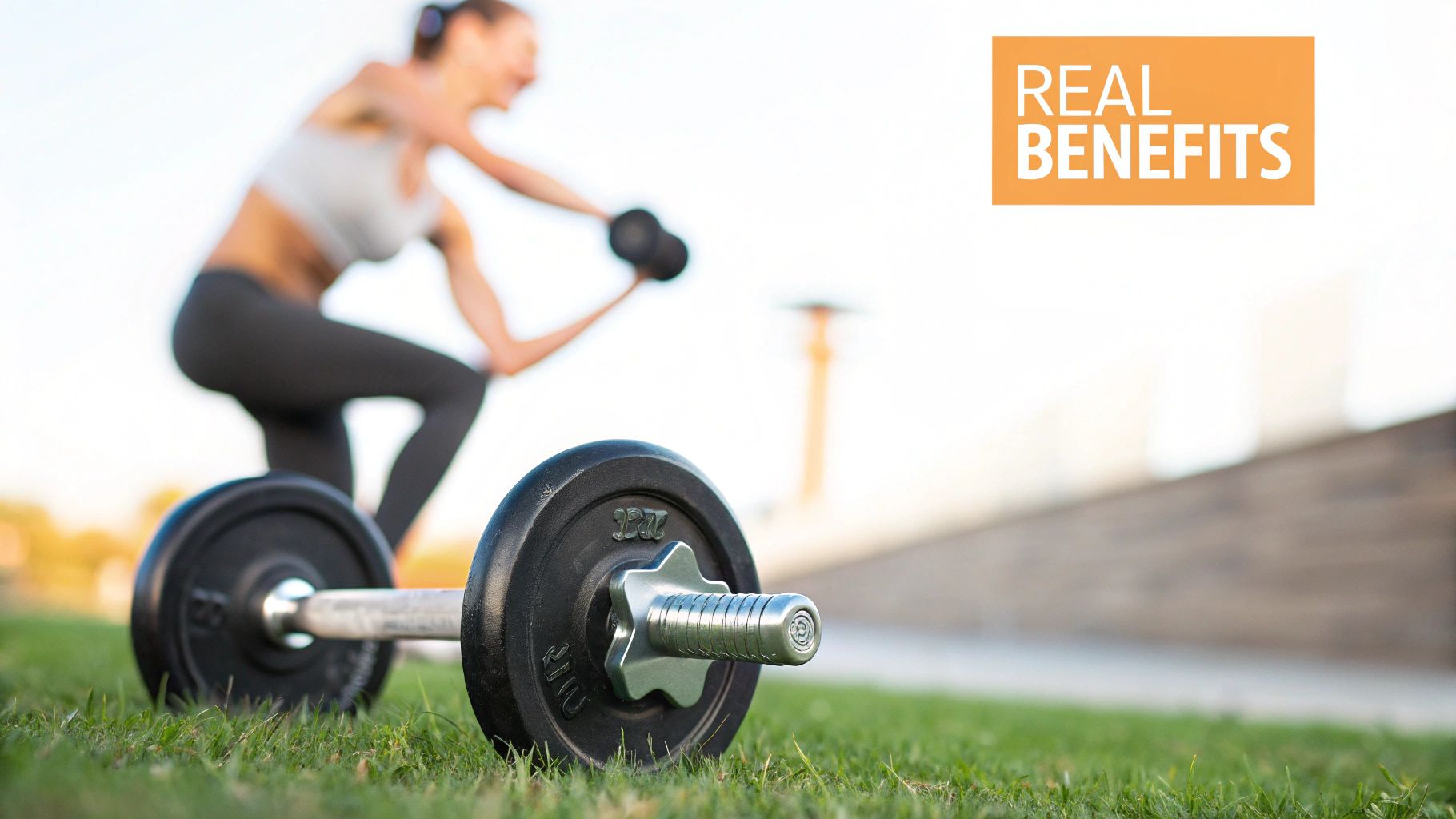 Woman exercising outdoors with kettlebell and dumbbells on grass promoting real fitness benefits