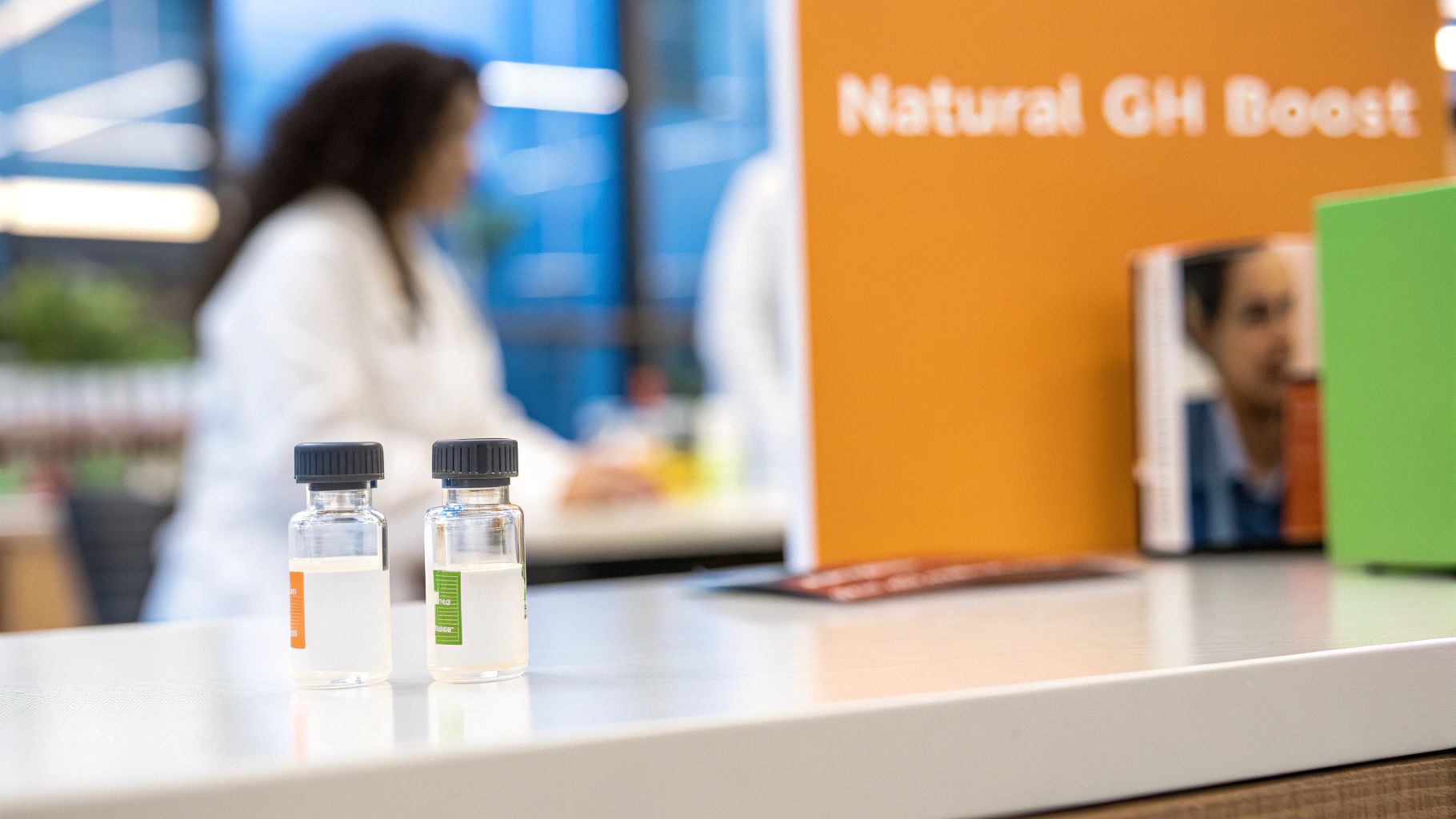 Two clear vials with dark caps on a lab bench, with a blurry scientist and 'Natural GH Boost' sign in the background.