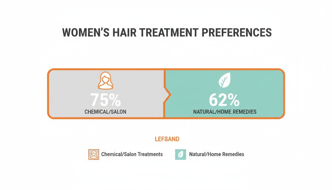 Infographic showing women's hair treatment preferences: 75% prefer chemical/salon, 62% opt for natural/home remedies.