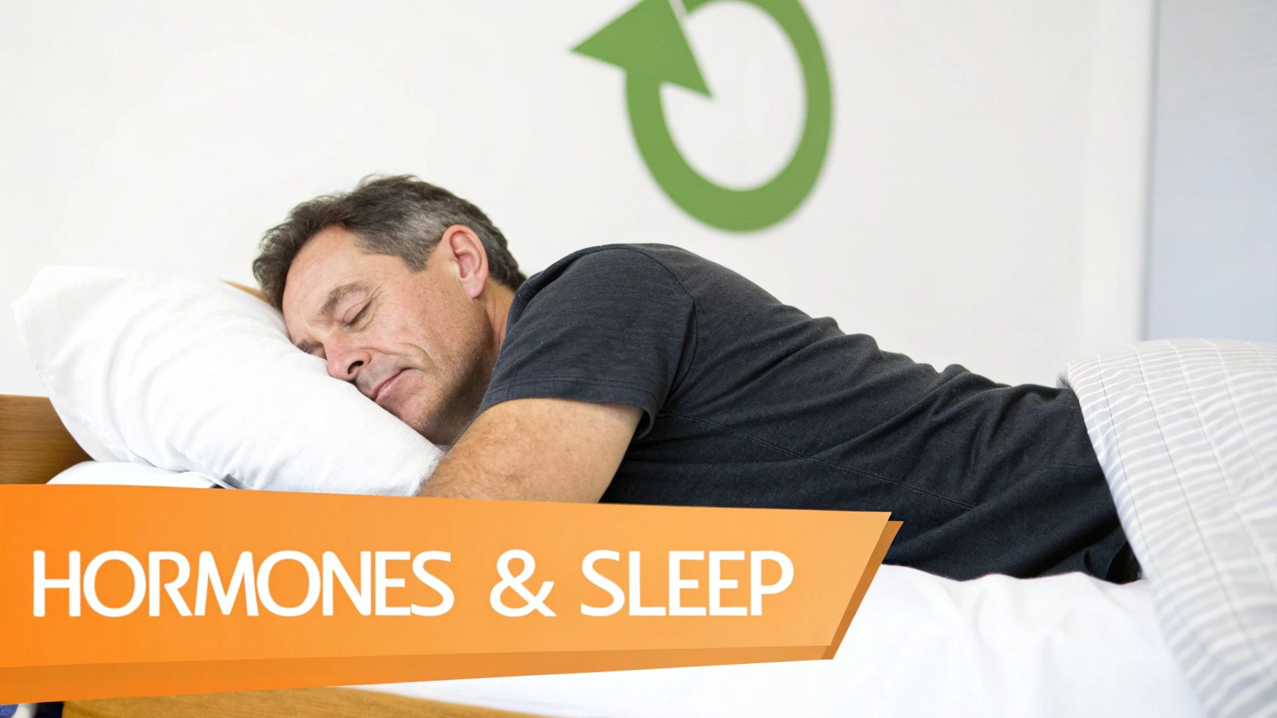 A middle-aged man sleeps peacefully on a white pillow, with an orange banner reading 'HORMONES & SLEEP'.