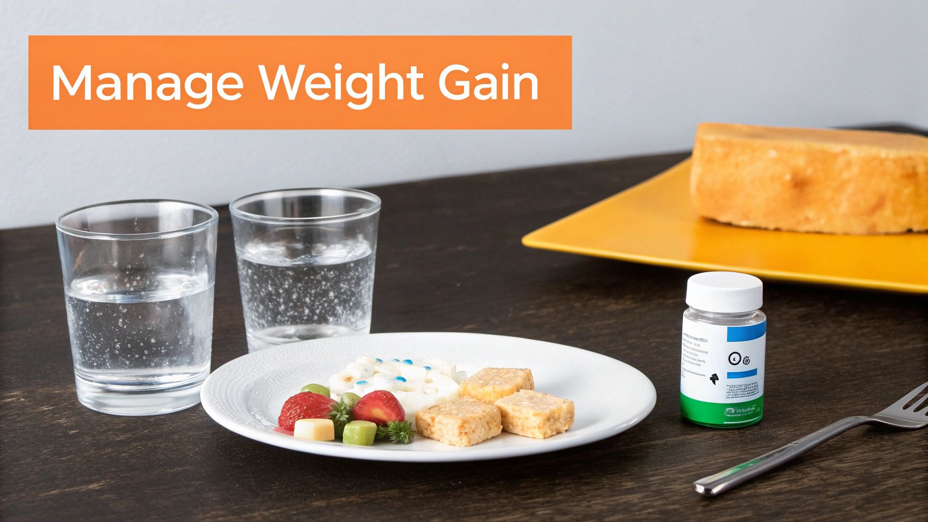 A table setting with a balanced meal, two glasses of water, and a supplement bottle, illustrating weight management.