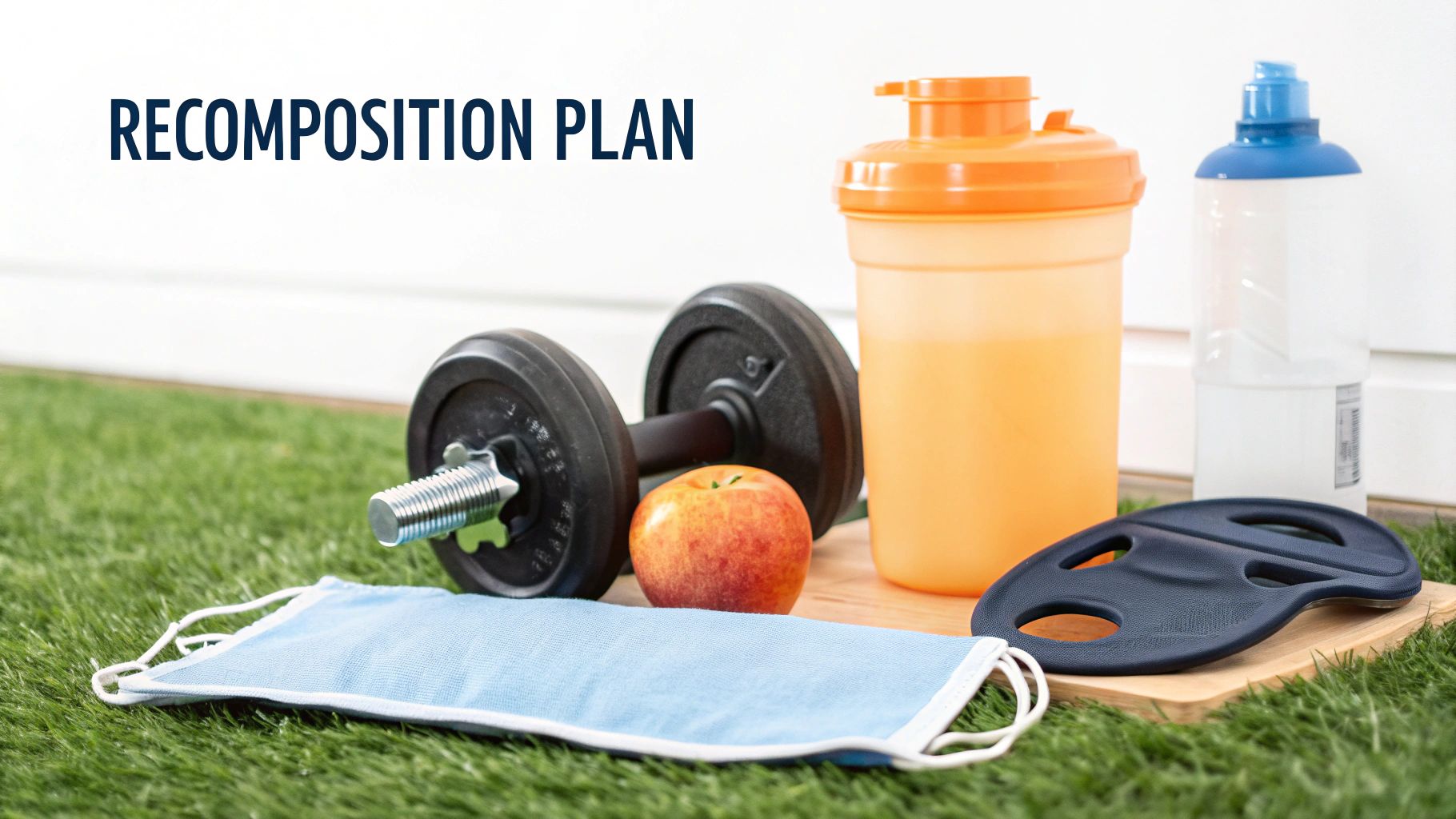 Fitness equipment and healthy snacks, including a dumbbell, apple, shaker, and mask on artificial grass.