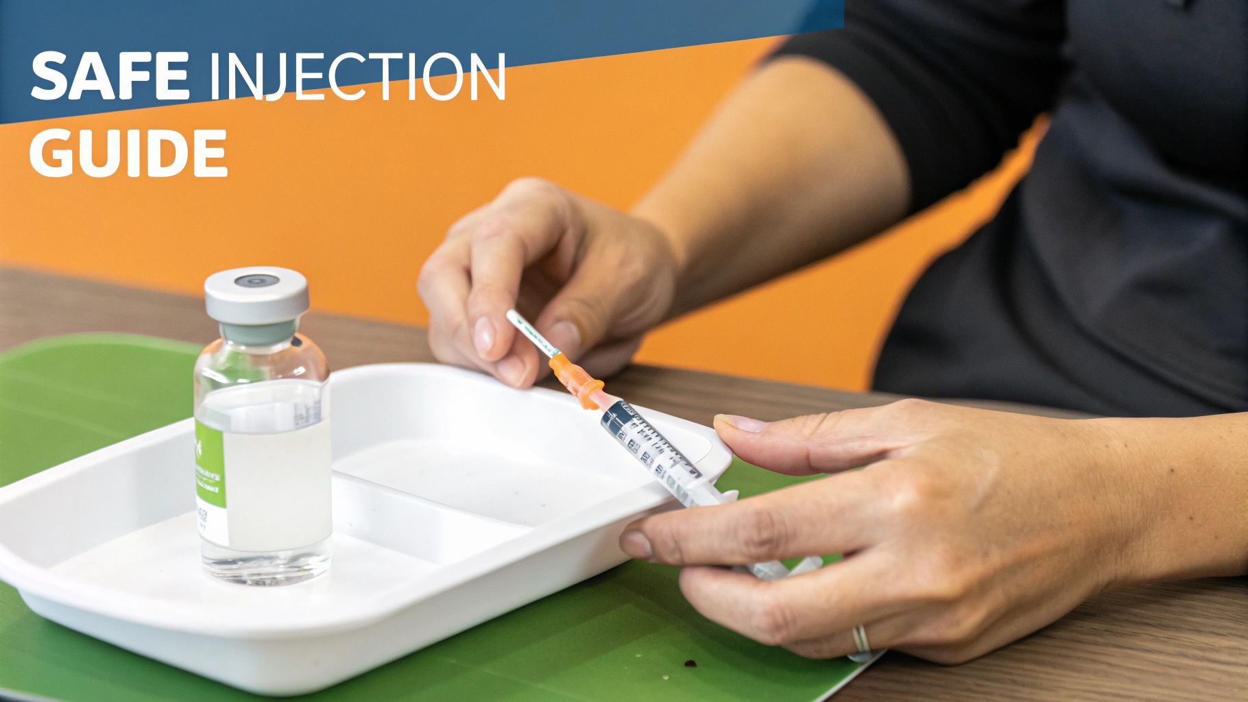 Hands preparing a syringe from a medicine vial on a tray for a safe injection, with text 'SAFE INJECTION GUIDE'.