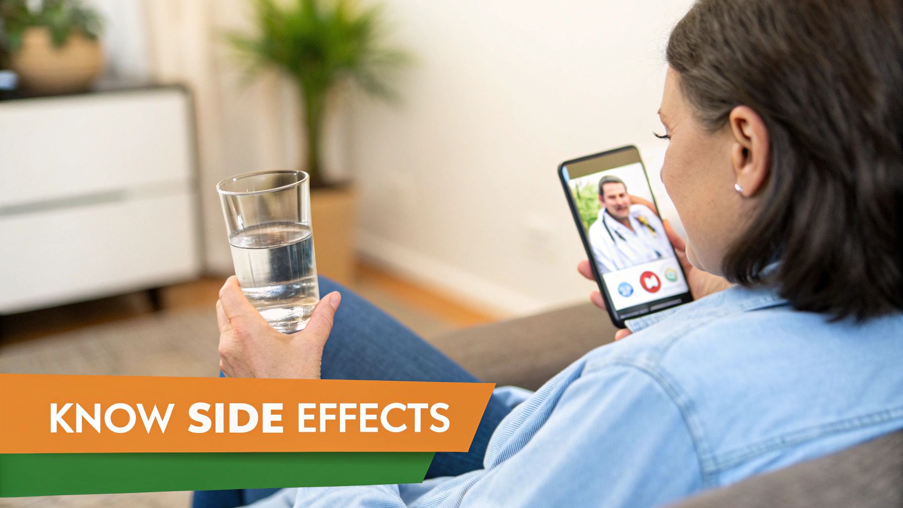 Woman on a video call with a doctor, holding a glass of water, with 'KNOW SIDE EFFECTS' text.