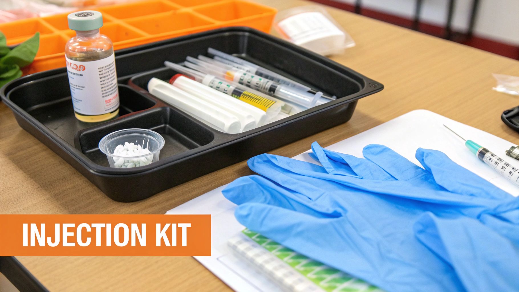 A medical injection kit featuring a vial, multiple syringes, white pills, and blue gloves on a wooden table.