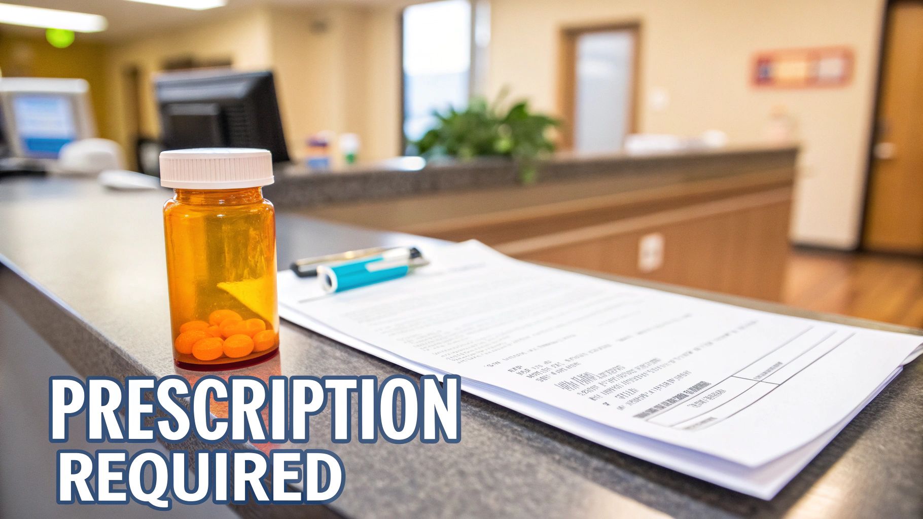 A prescription pill bottle filled with orange pills on a counter with medical papers.