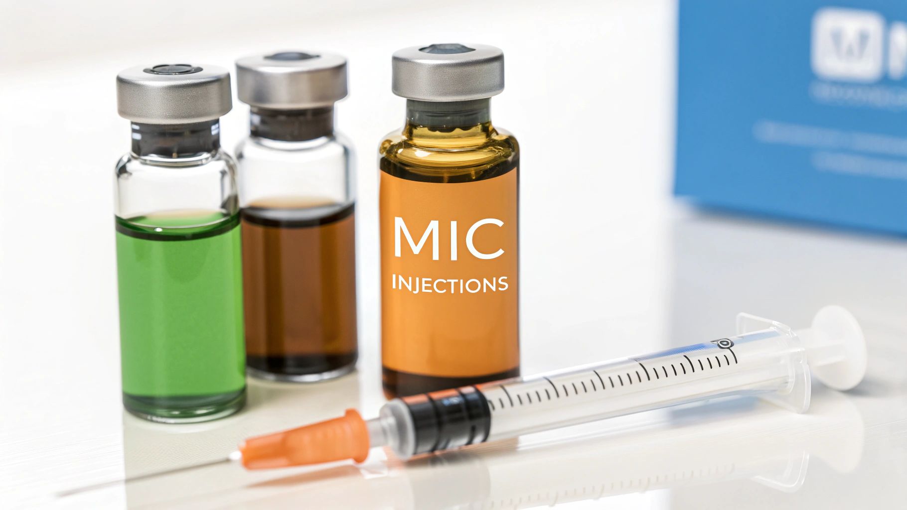 Three medical vials with different colored liquids and a syringe on a clean white surface, one vial labeled 'MIC Injections'.