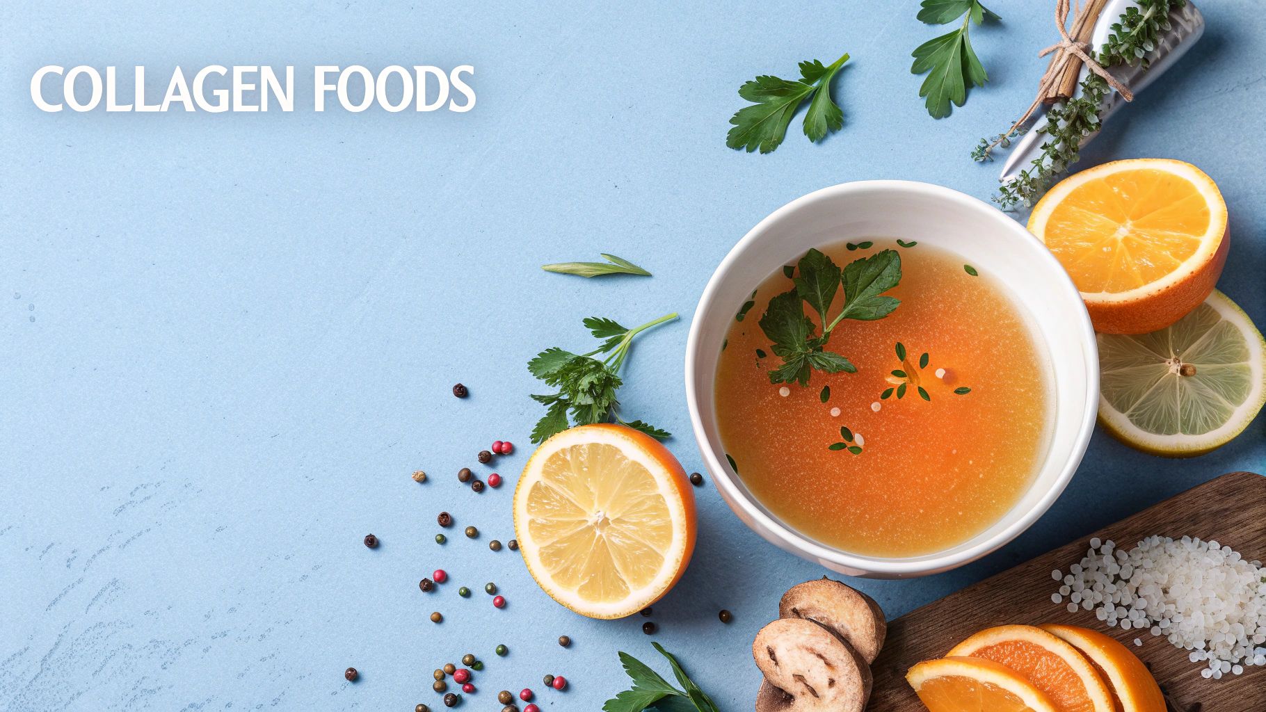 Overhead view of a bowl of collagen-rich bone broth with lemon, orange, and herbs on a blue background.