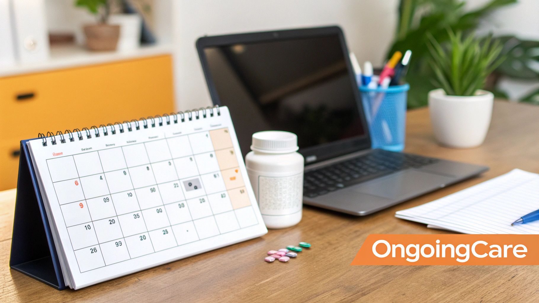A desk setup with a calendar, pill bottle, laptop, and notebook, symbolizing medical appointments and care.