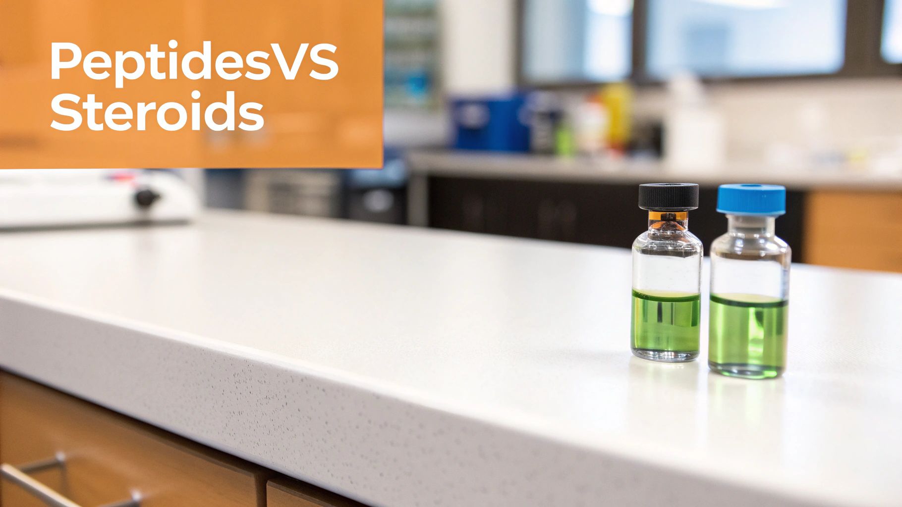 Two clear vials containing green liquid on a white lab counter, with a blurred 'PeptidesVS Steroids' text overlay.