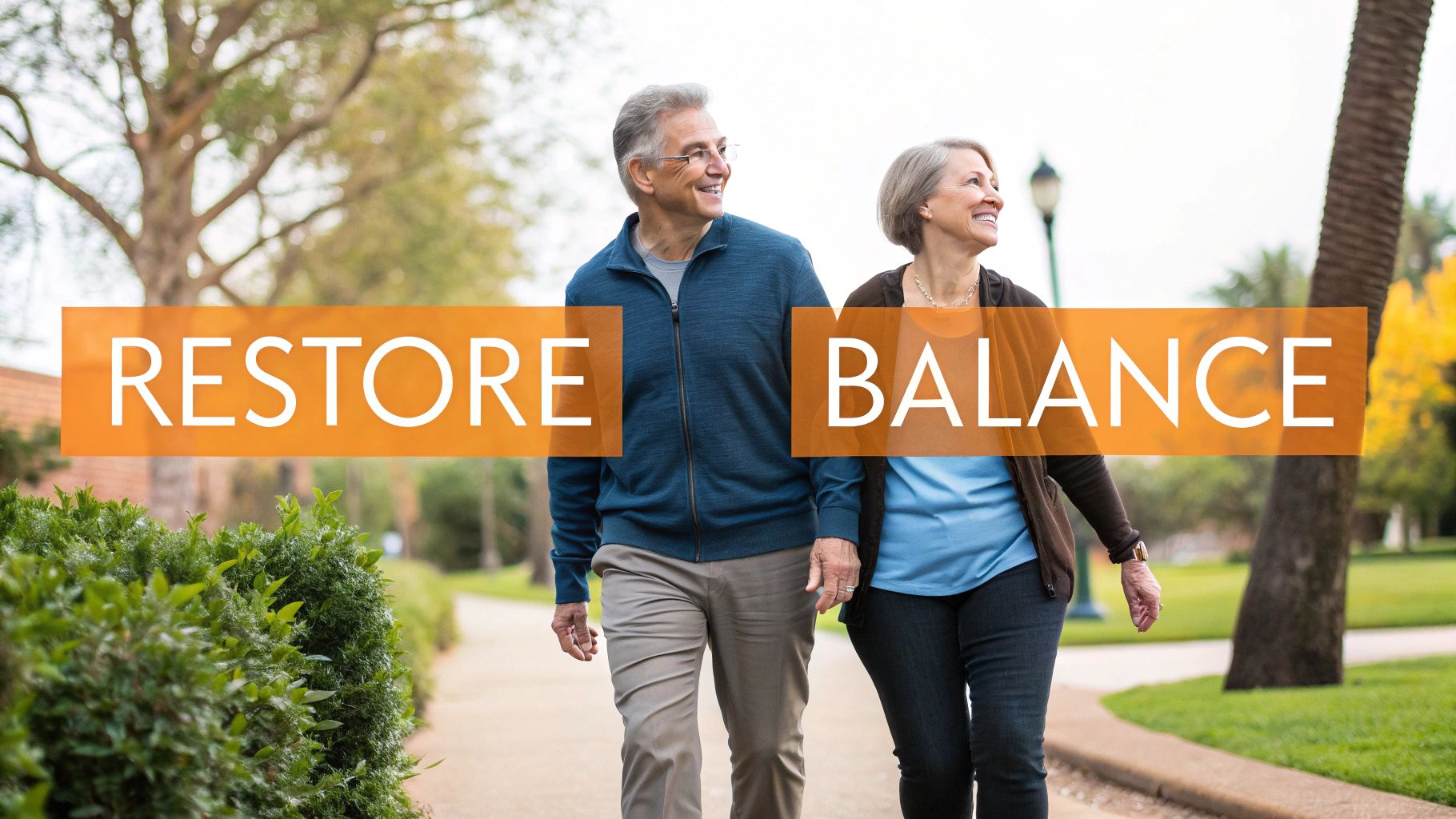 A happy elderly couple walks outdoors, smiling, with an orange banner displaying 'RESTORE BALANCE'.