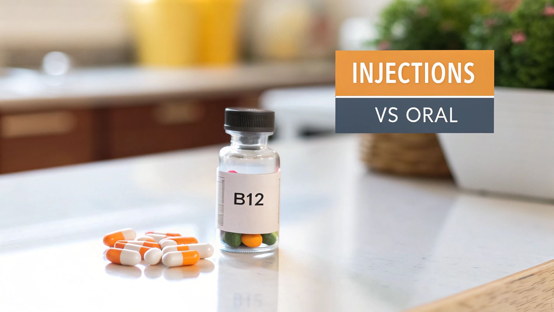 A person receiving a B12 injection in their arm, with a bottle of oral B12 supplements nearby.