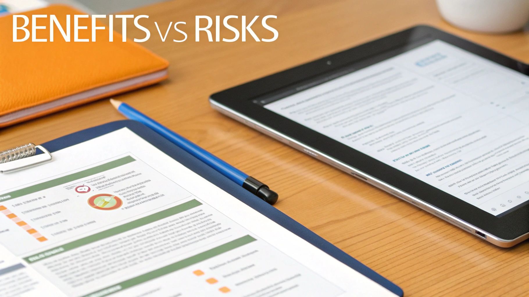 A desk with a tablet, documents, a pen, and an orange notebook, featuring 'BENEFITS vs RISKS' text overlay.