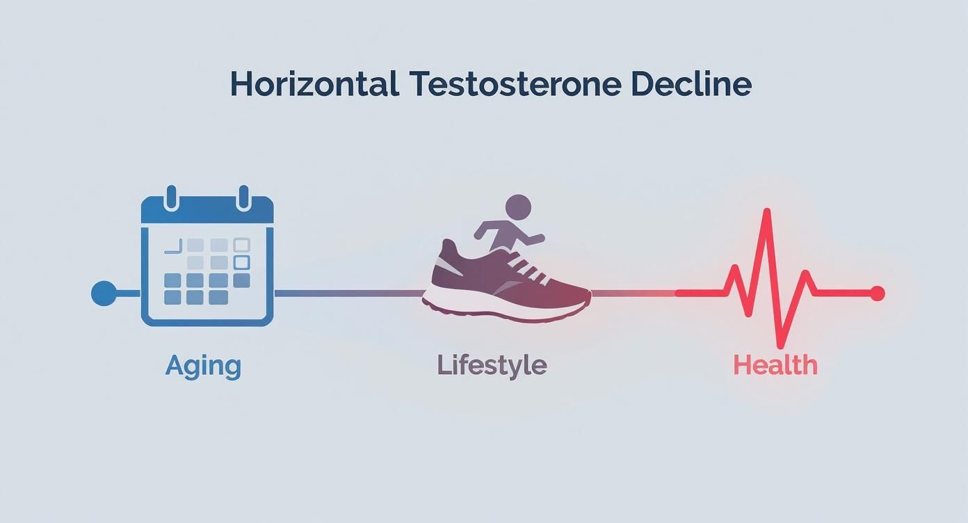 Infographic showing the process flow of testosterone decline, starting with aging, moving to lifestyle choices, and ending with health conditions.