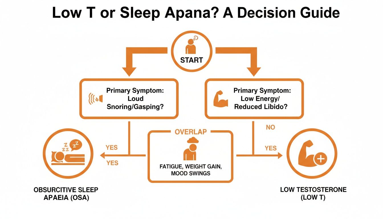 Flowchart decision guide for distinguishing between low testosterone and obstructive sleep apnea symptoms.