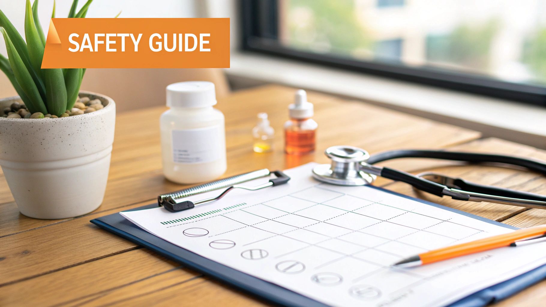 A desk with medical supplies including a stethoscope, medication bottles, a chart, and a 'SAFETY GUIDE' banner.