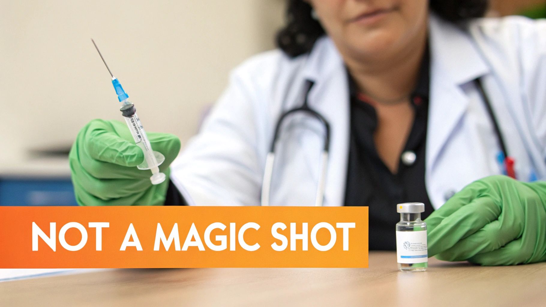 A healthcare professional in green gloves holds a syringe, next to a medicine vial, with the text 'NOT A MAGIC SHOT'.