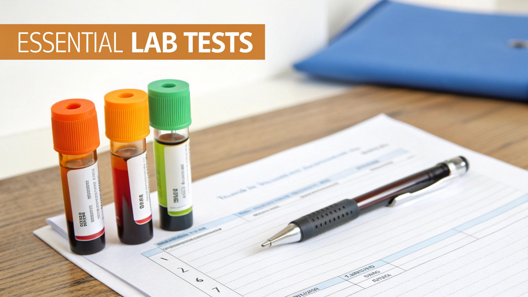 Three blood sample tubes with a pen on medical forms, titled 'Essential Lab Tests', on a wooden desk.