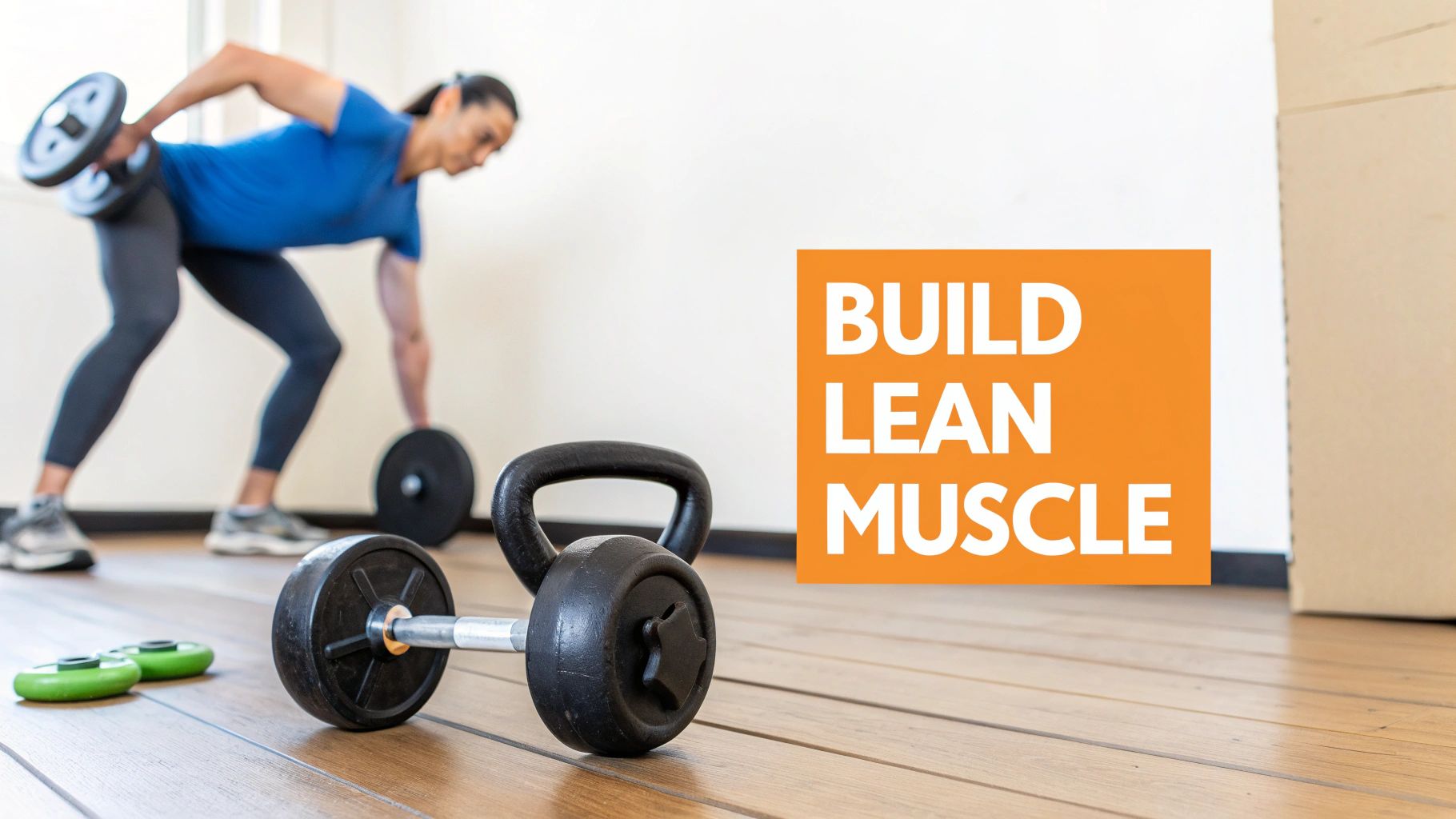 An individual lifting a dumbbell, surrounded by gym weights and "BUILD LEAN MUSCLE" text.