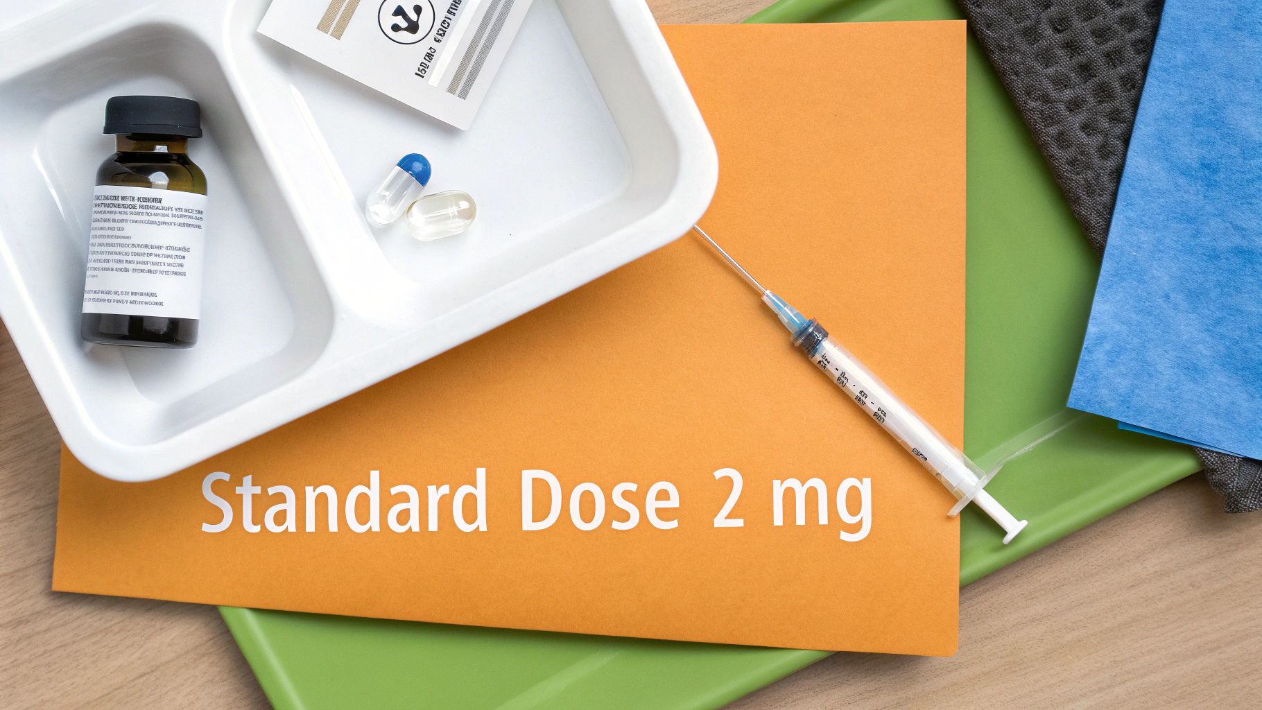 A medical tray holding a bottle and pills, with a syringe on an orange card stating 'Standard Dose 2 mg'.