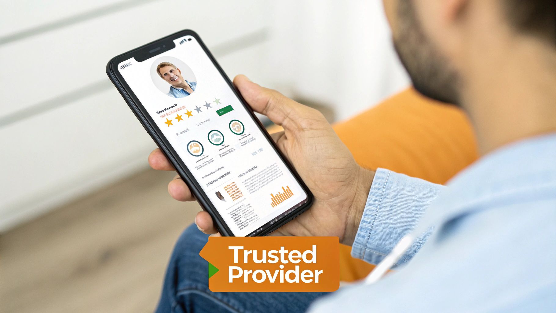 A person views a trusted provider's profile on a smartphone, displaying ratings and service details.
