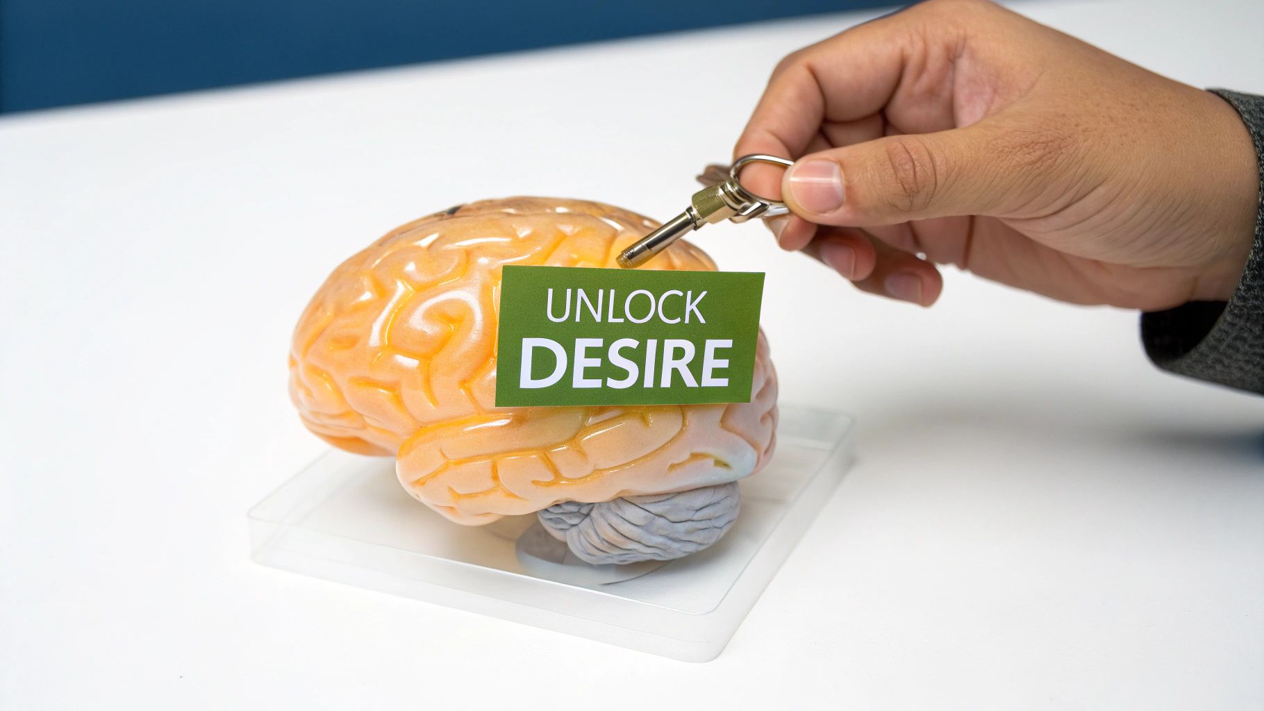 A hand inserts a key into a brain model with an 'UNLOCK DESIRE' sign, symbolizing potential.