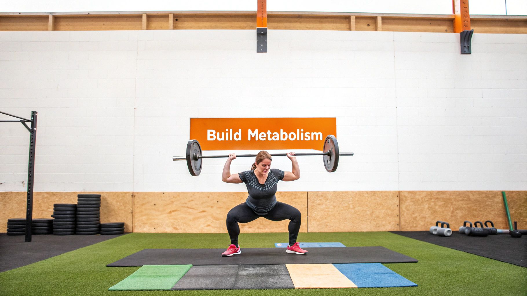 Woman running outdoors on a trail with a focused expression.