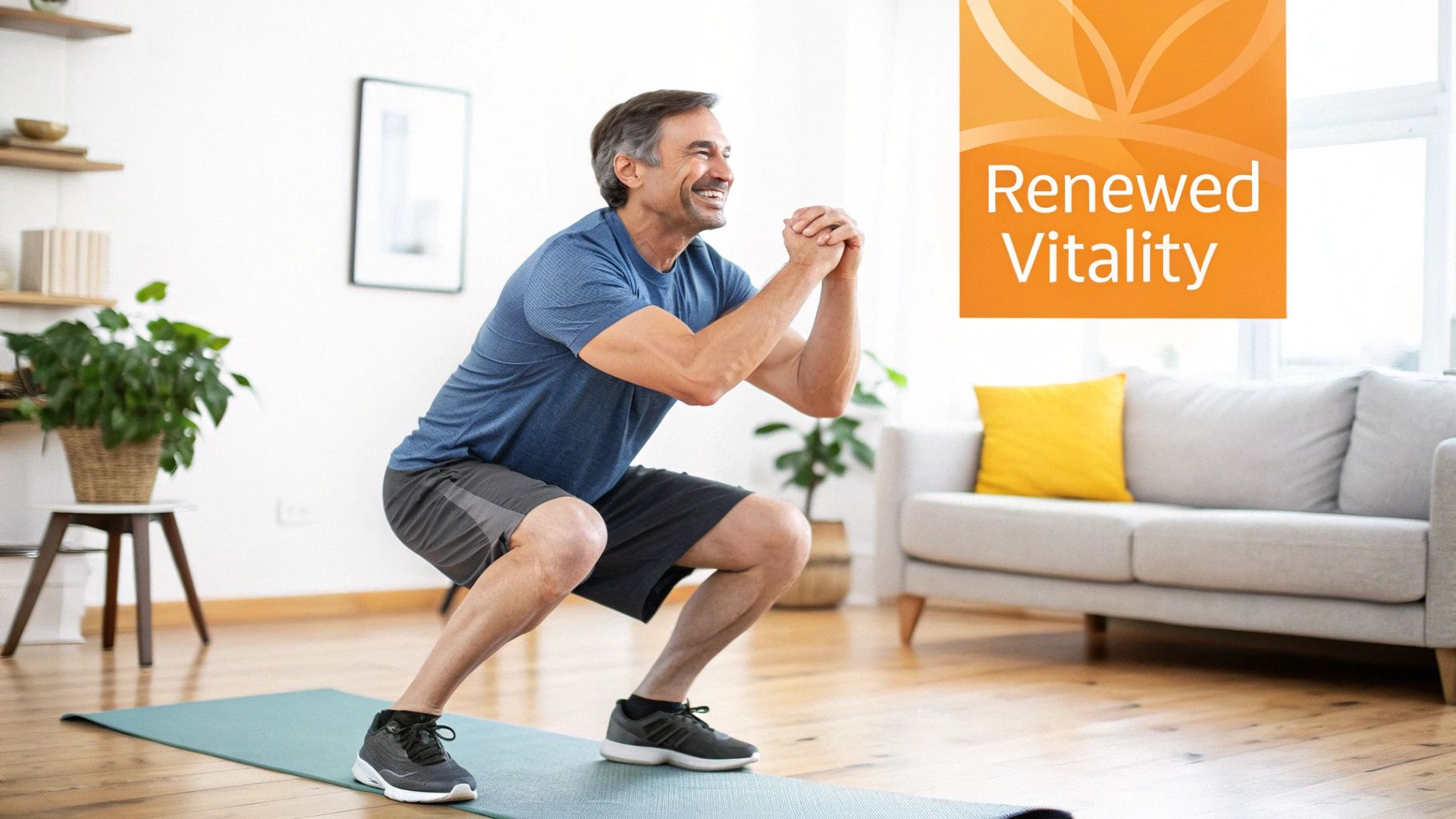 A smiling middle-aged man doing squats on a yoga mat in a bright modern living room.