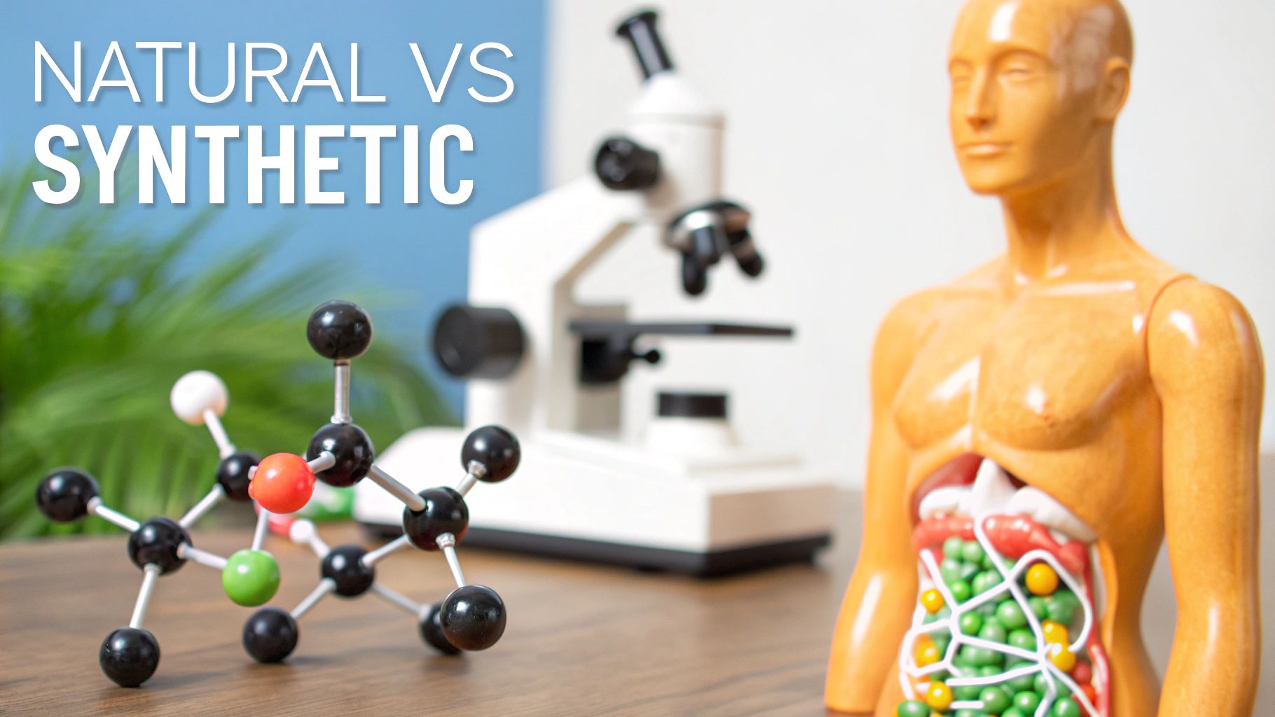 A chemical molecule model, microscope, and anatomical model illustrate natural versus synthetic concepts.