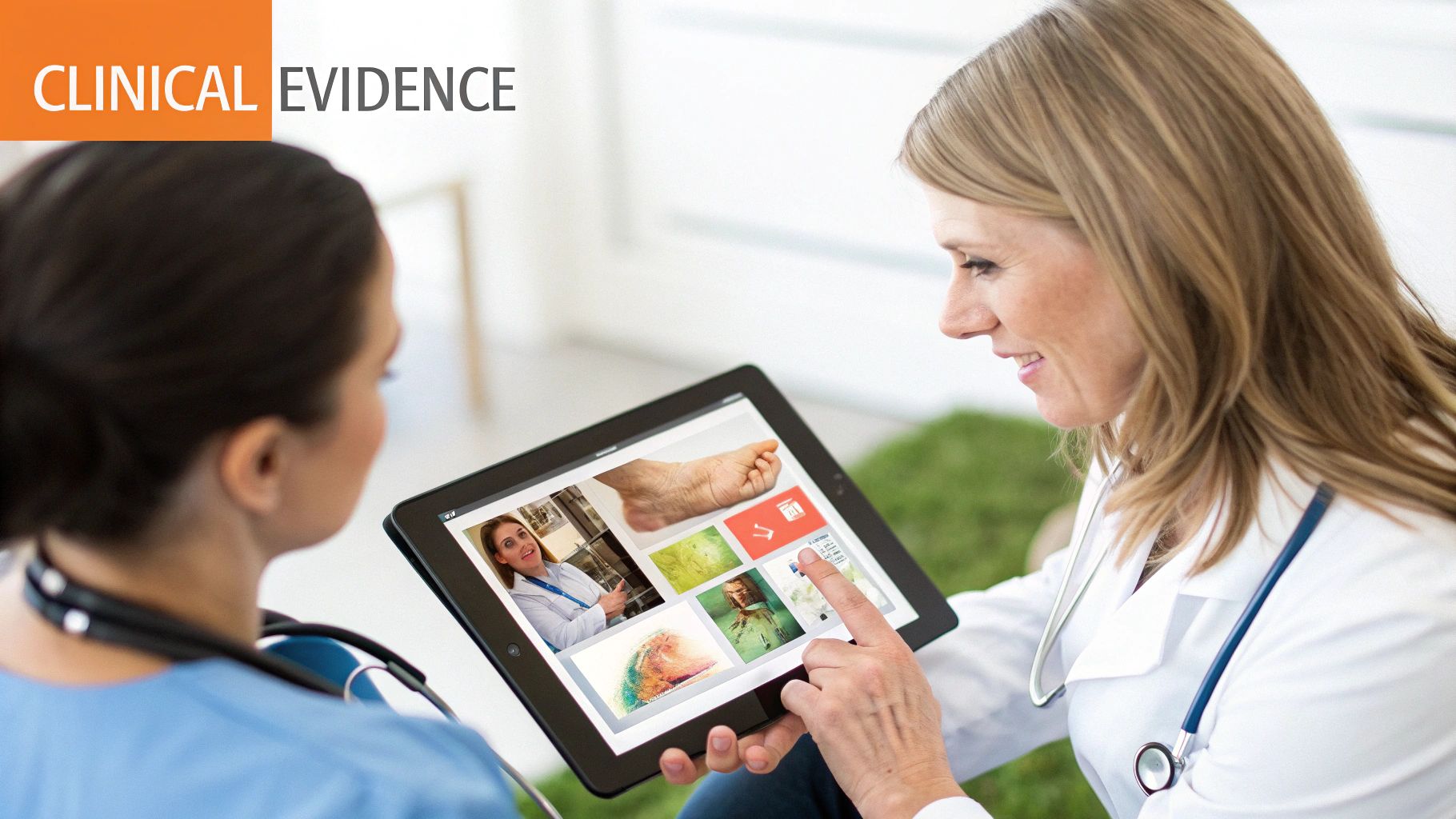 Two medical professionals discussing clinical evidence and medical images on a tablet.