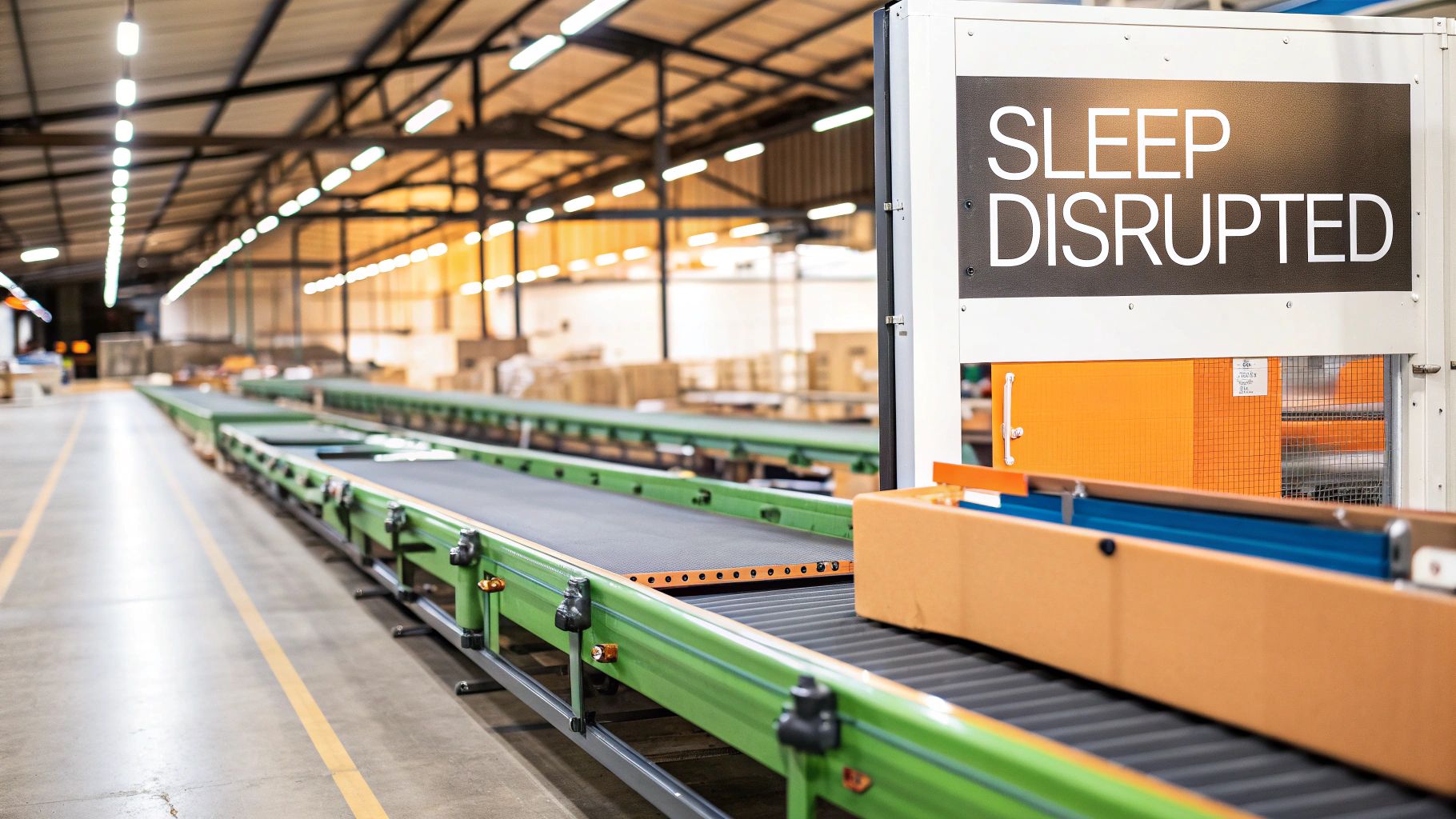 A factory conveyor belt with a prominent sign displaying 'SLEEP DISRUPTED' and a package.