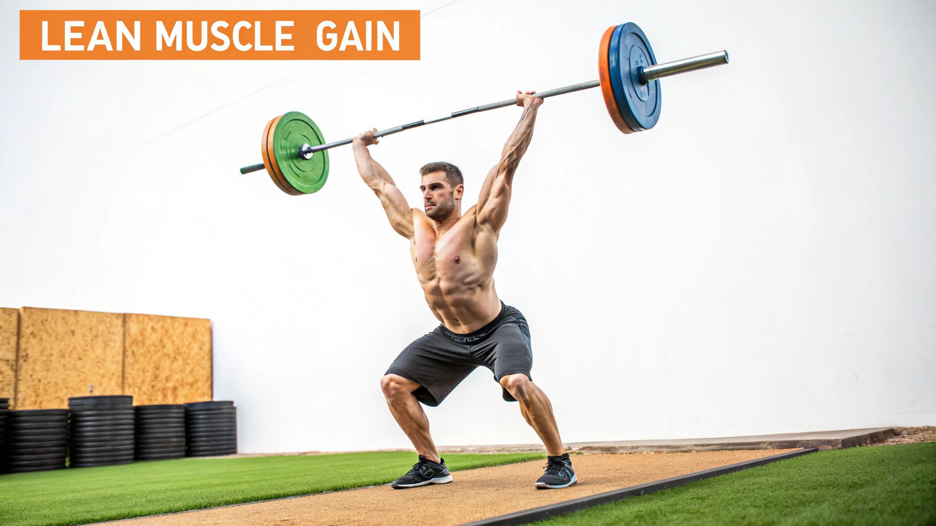 Muscular man performing overhead barbell squat exercise in gym for lean muscle gain