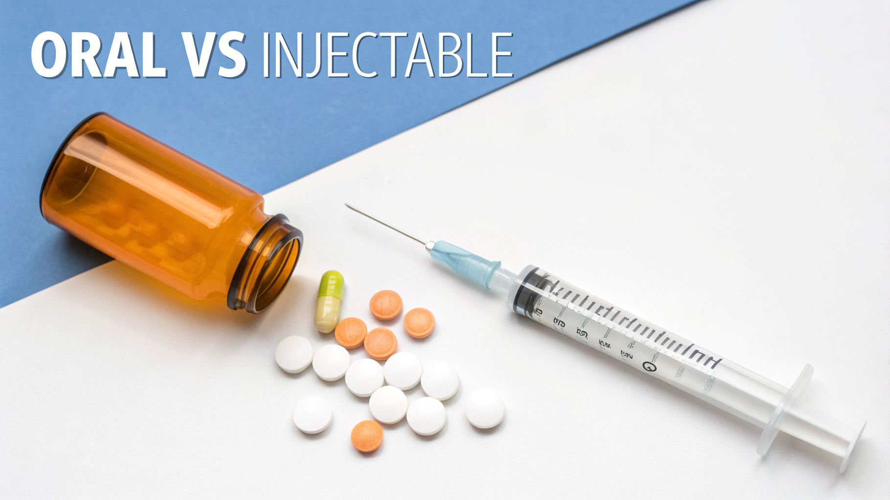 Pills, capsules, an empty bottle, and a syringe symbolizing oral versus injectable medication types.