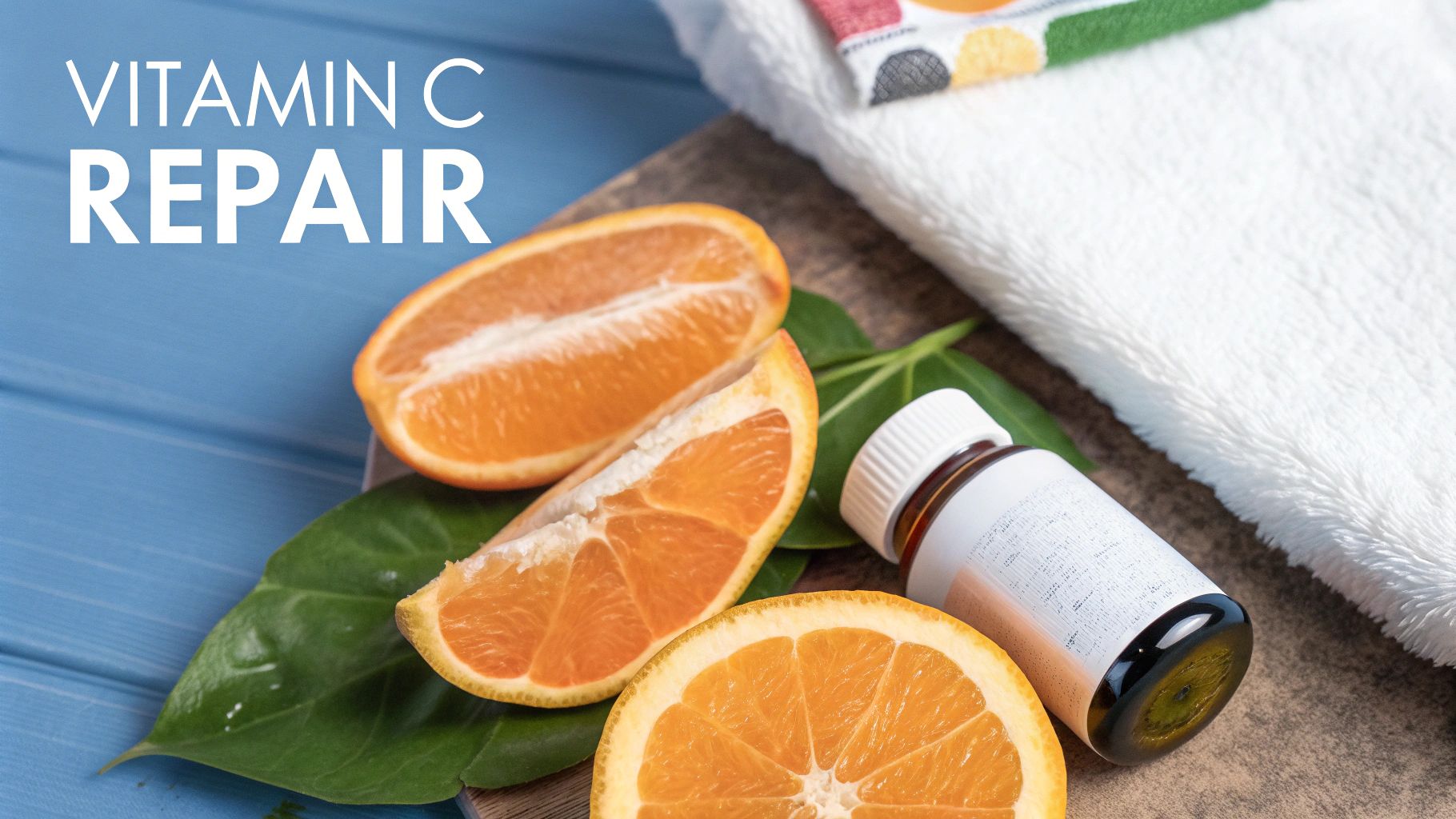 Vitamin C Repair serum bottle, fresh orange slices, and a soft white towel for skincare.