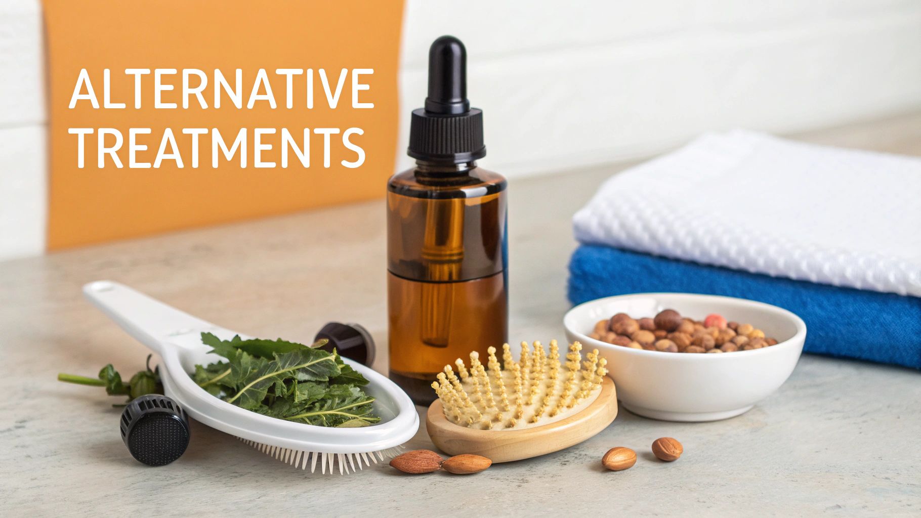 A collection of alternative treatment items including essential oil, herbal leaves, brushes, and nuts.