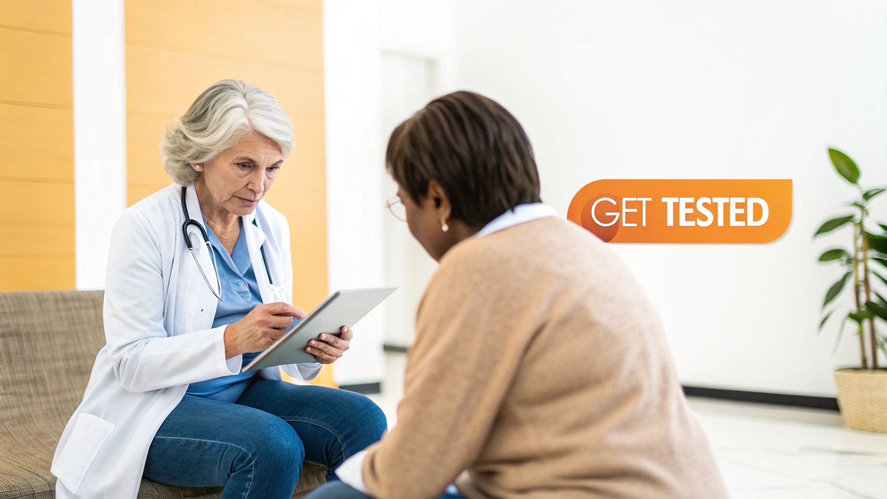 A doctor discussing test results on a tablet with a male patient in a clinic setting.