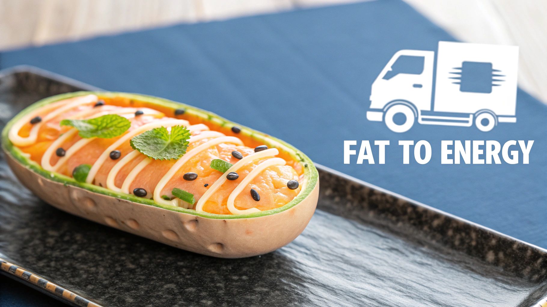 A colorful fruit boat dish with salmon, mint, and white sauce, next to 'FAT TO ENERGY' text and a delivery truck icon.