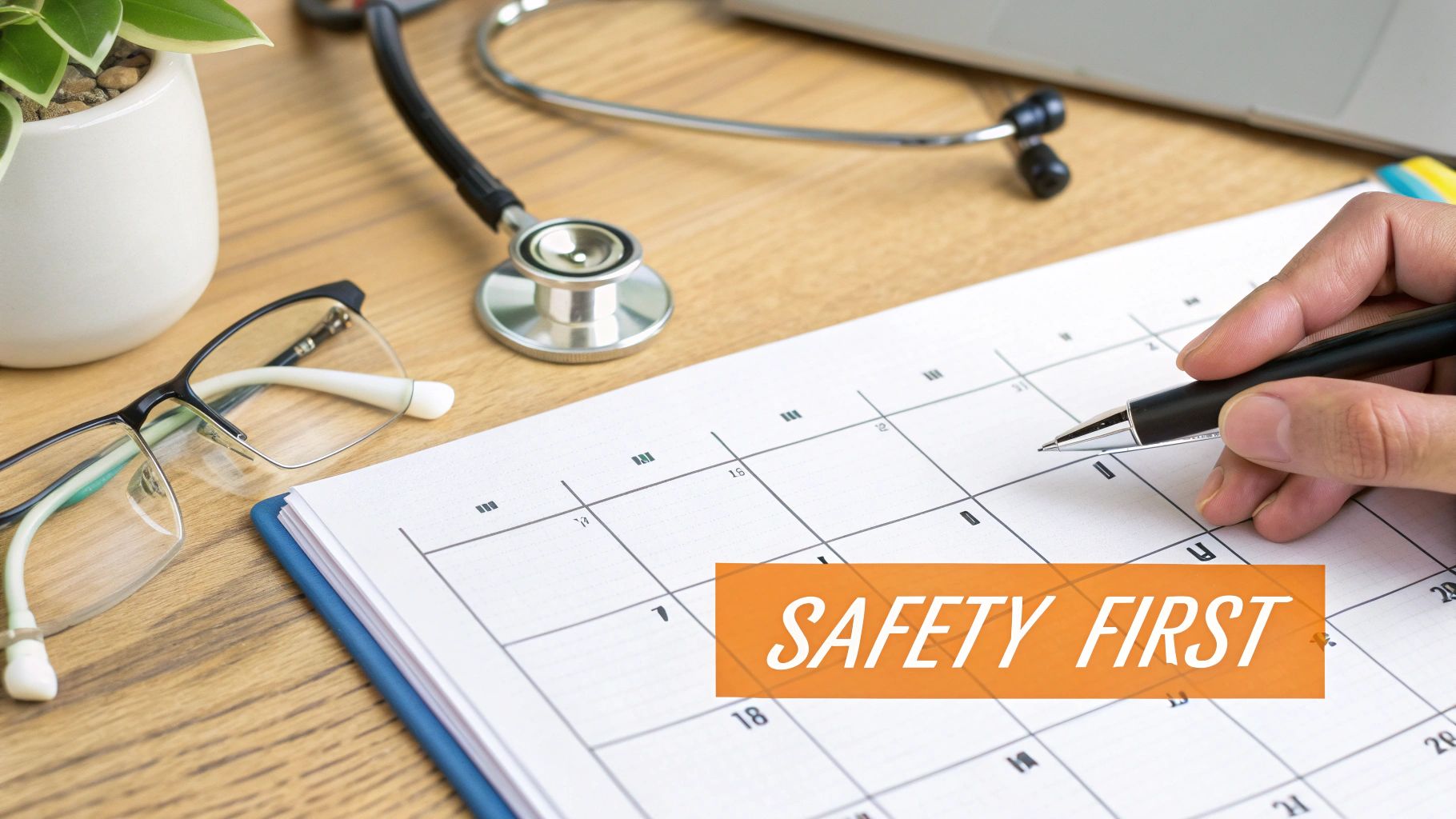 A hand writes on a medical calendar with a stethoscope and glasses, featuring a 'SAFETY FIRST' overlay.
