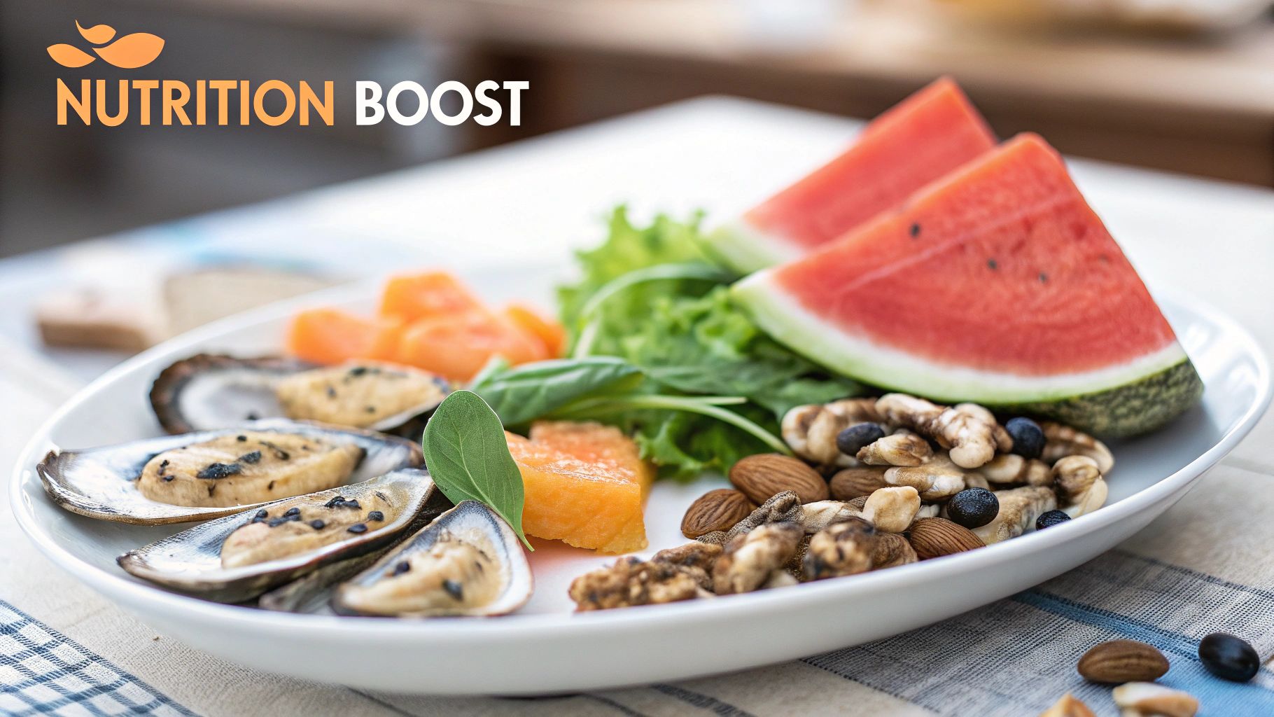 A plate of healthy and nutritious foods including mussels, watermelon, nuts, and fresh greens.