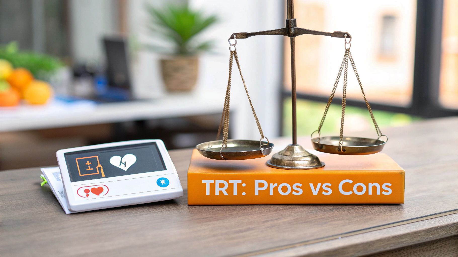 Scales of justice on a 'TRT: Pros vs Cons' book, next to a health monitoring device.