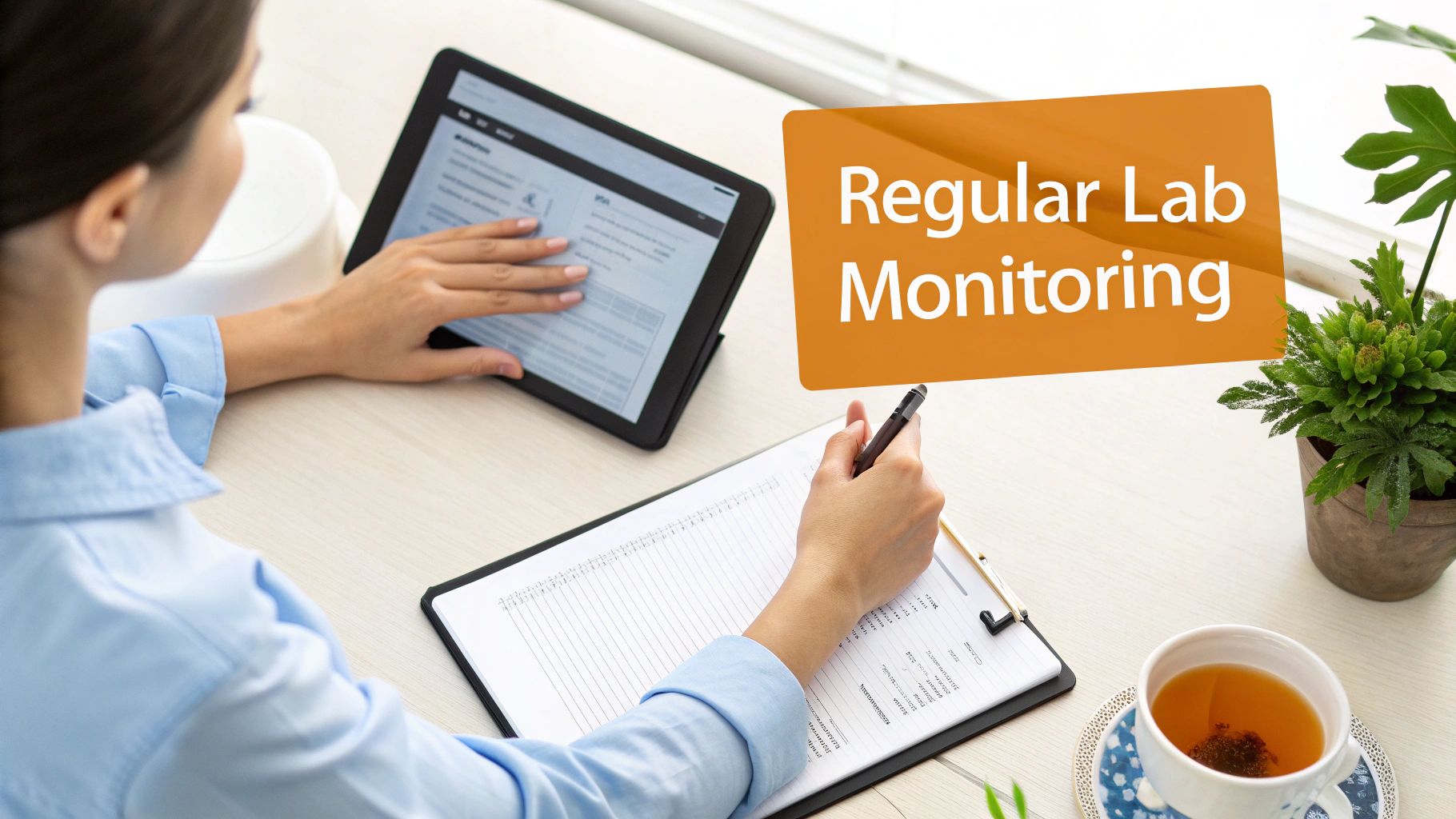 A person monitors lab results on a tablet while taking notes on a clipboard, with text 'Regular Lab Monitoring.'