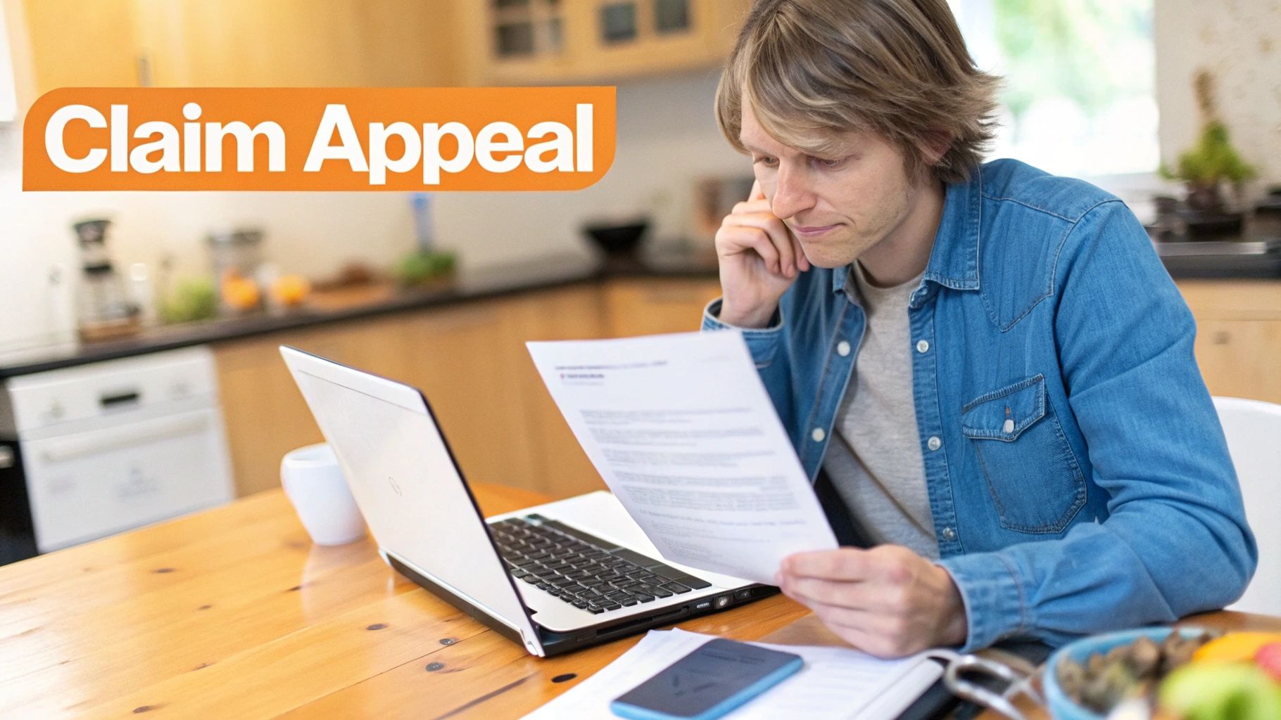 A person reviewing a medical claim denial letter with a pen